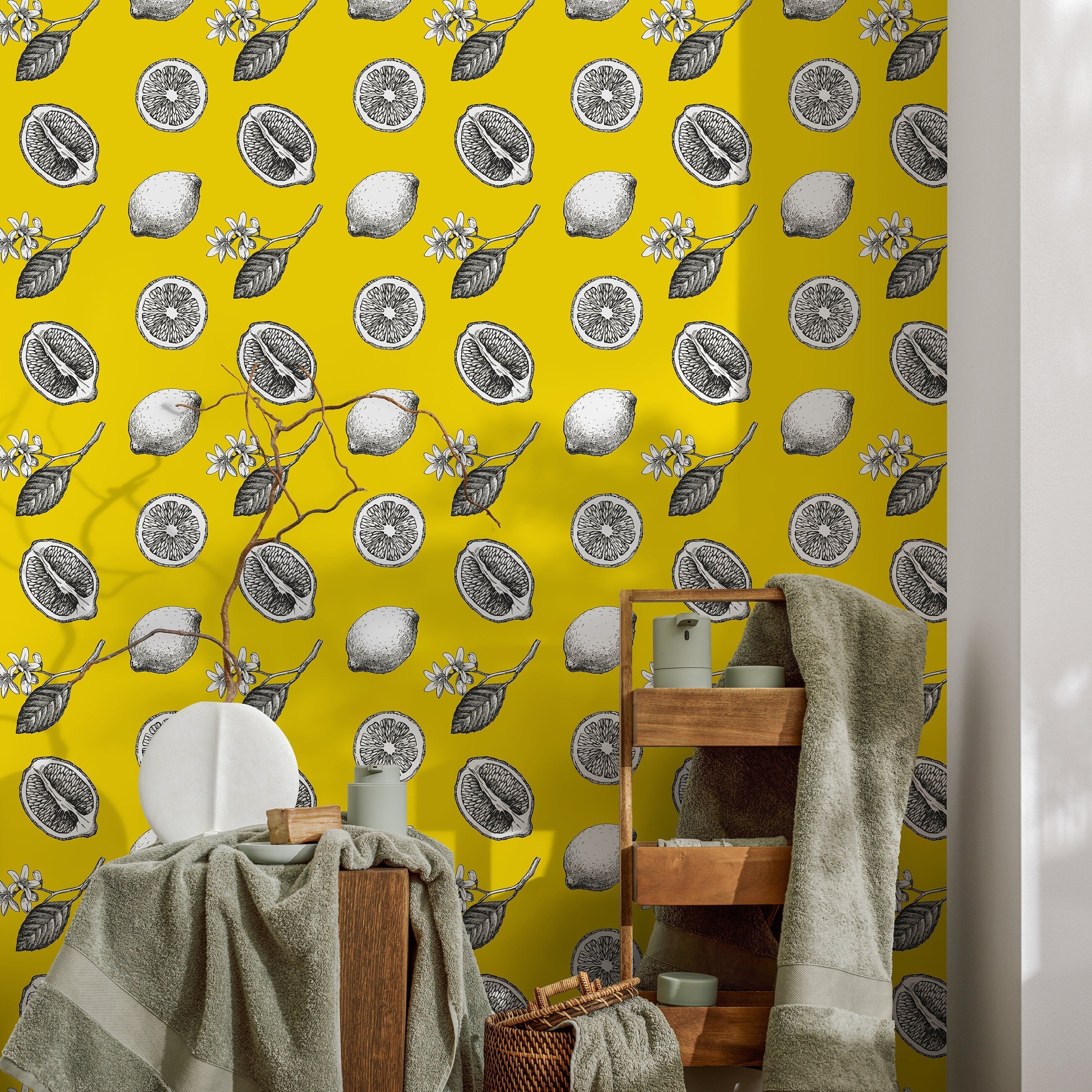 Botanical Wallpaper With Vintage Lemon Sketches In Yellow, Black, And White - A017