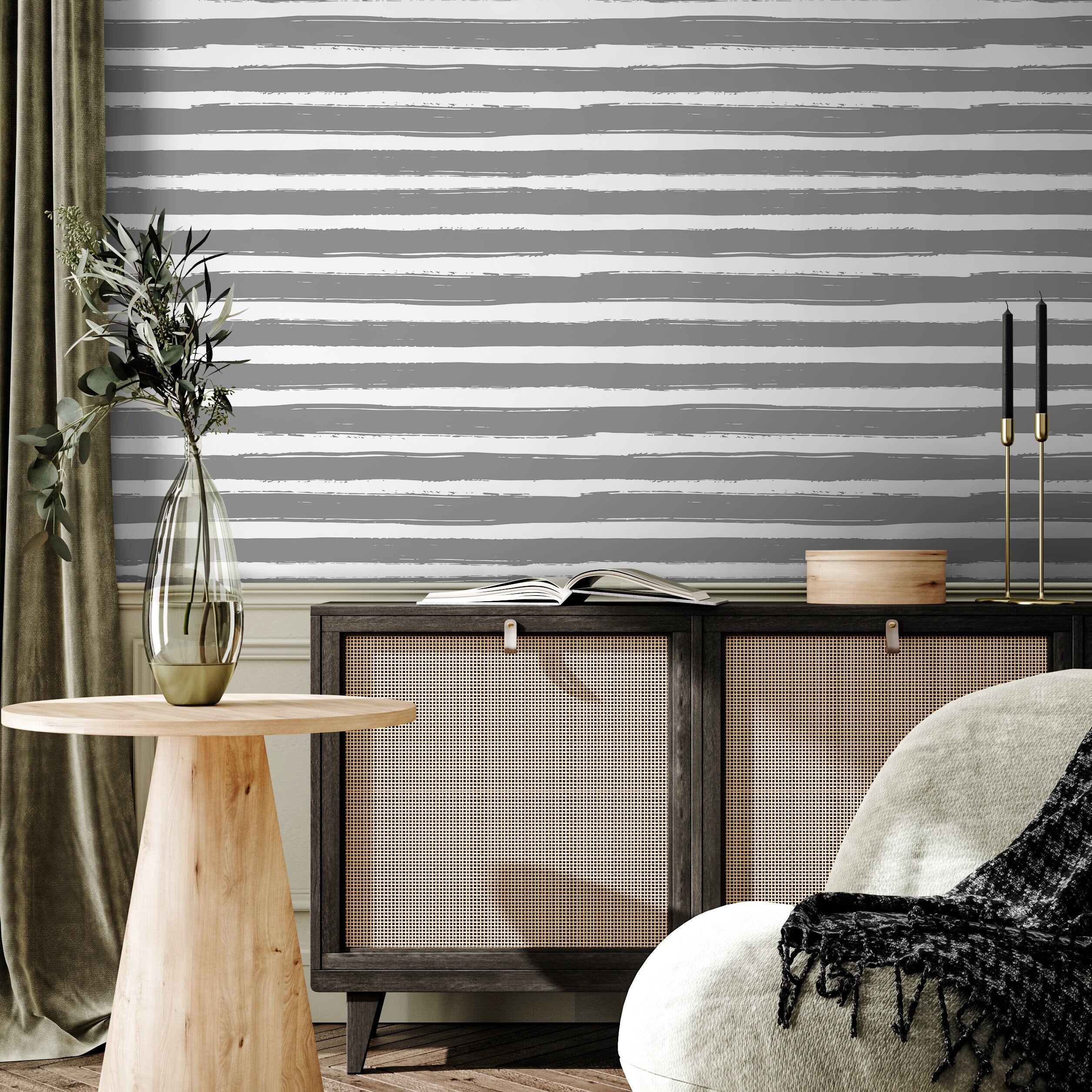 Striped Wallpaper With A Hand-painted Brushstroke Motif In Grey - A018