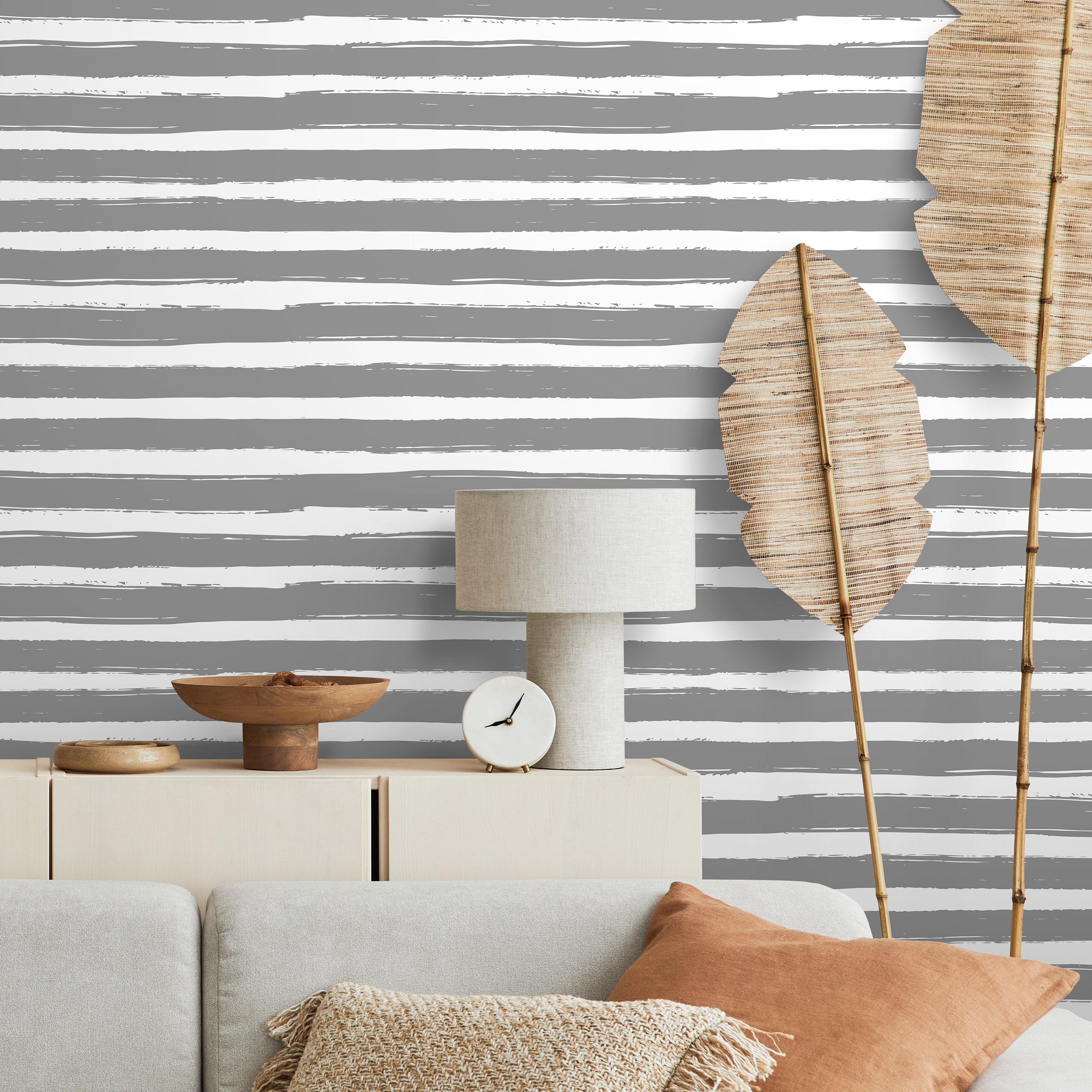 Striped Wallpaper With A Hand-painted Brushstroke Motif In Grey - A018