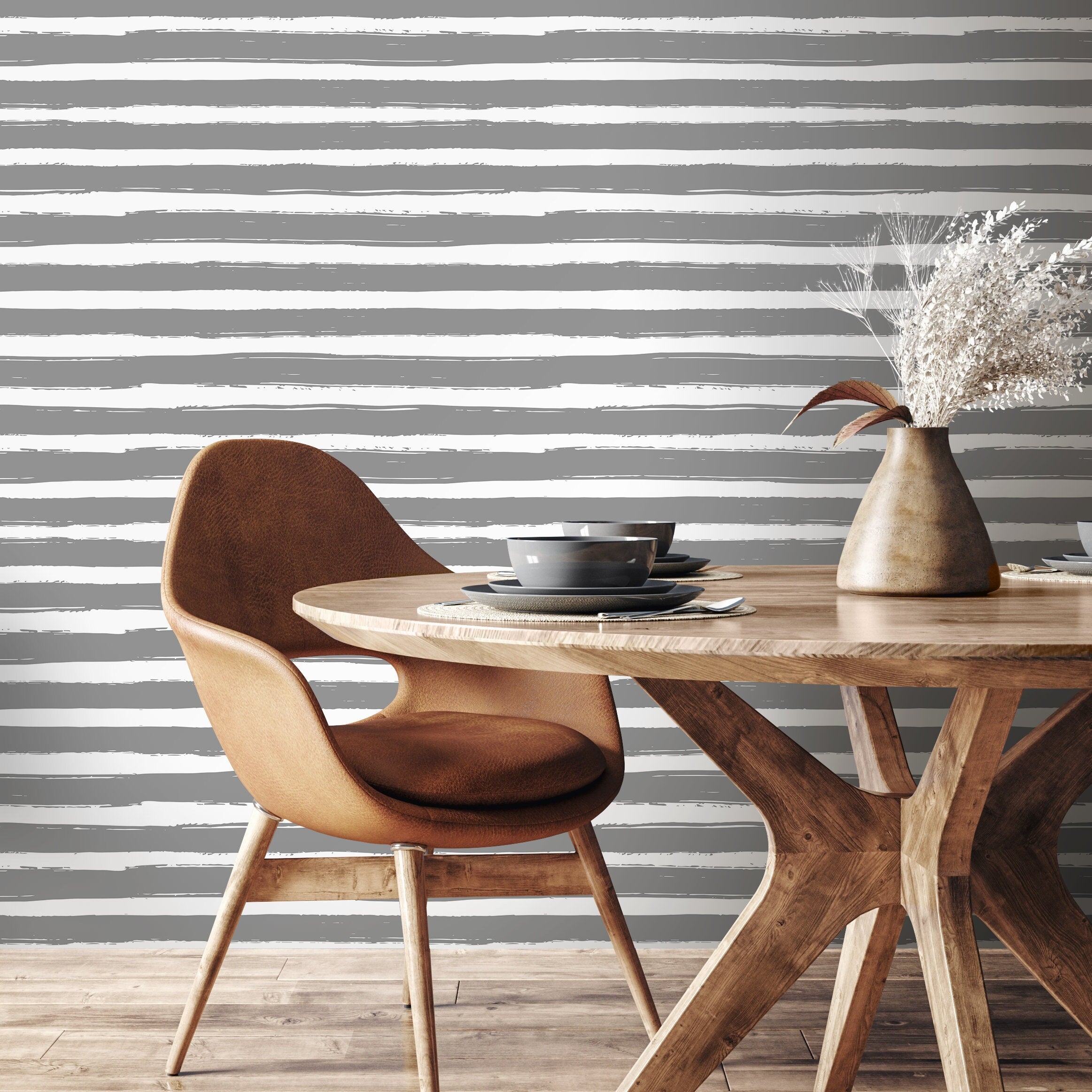 Striped Wallpaper With A Hand-painted Brushstroke Motif In Grey - A018