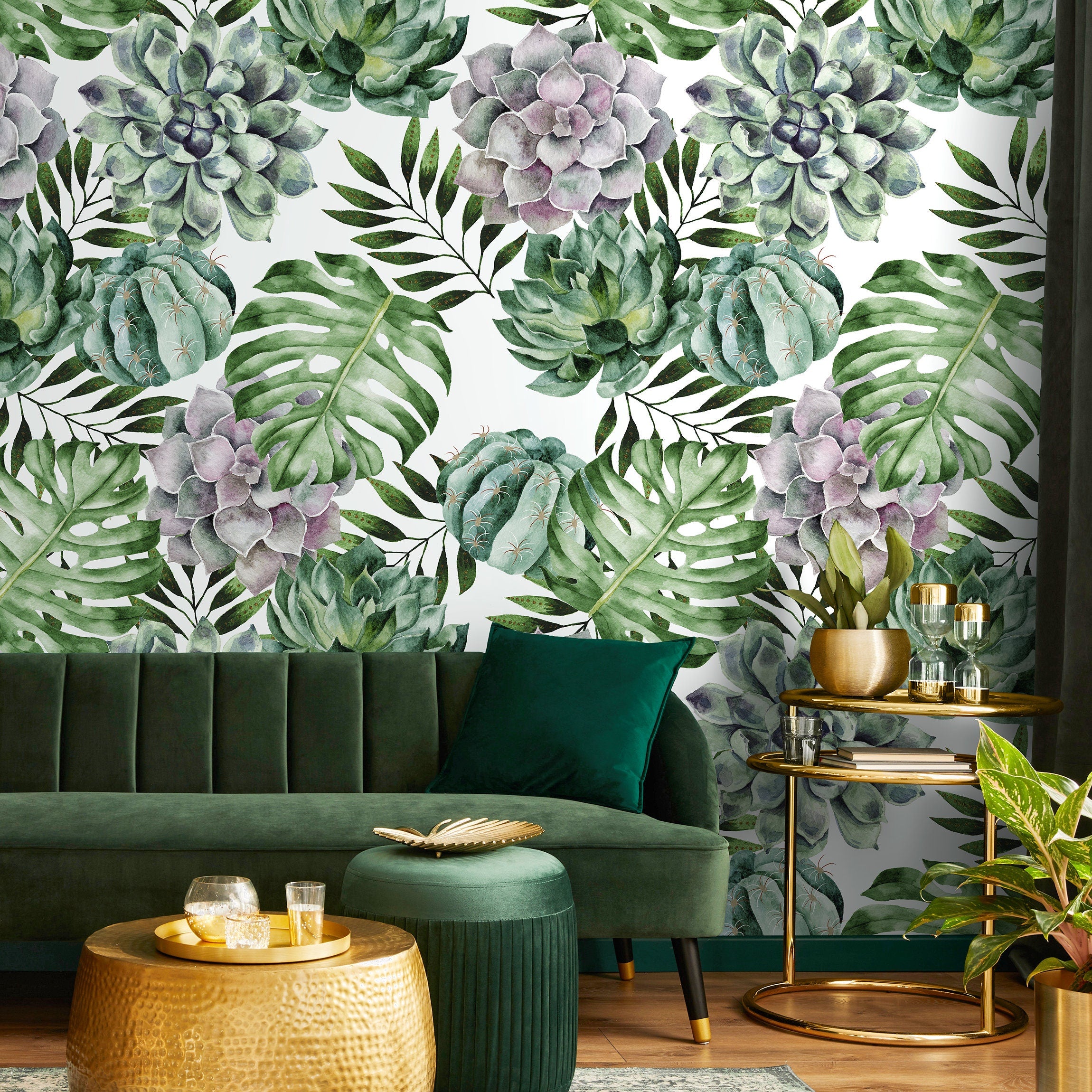 Botanical Wallpaper With Watercolor Succulents And Monstera In Green And Purple - A020