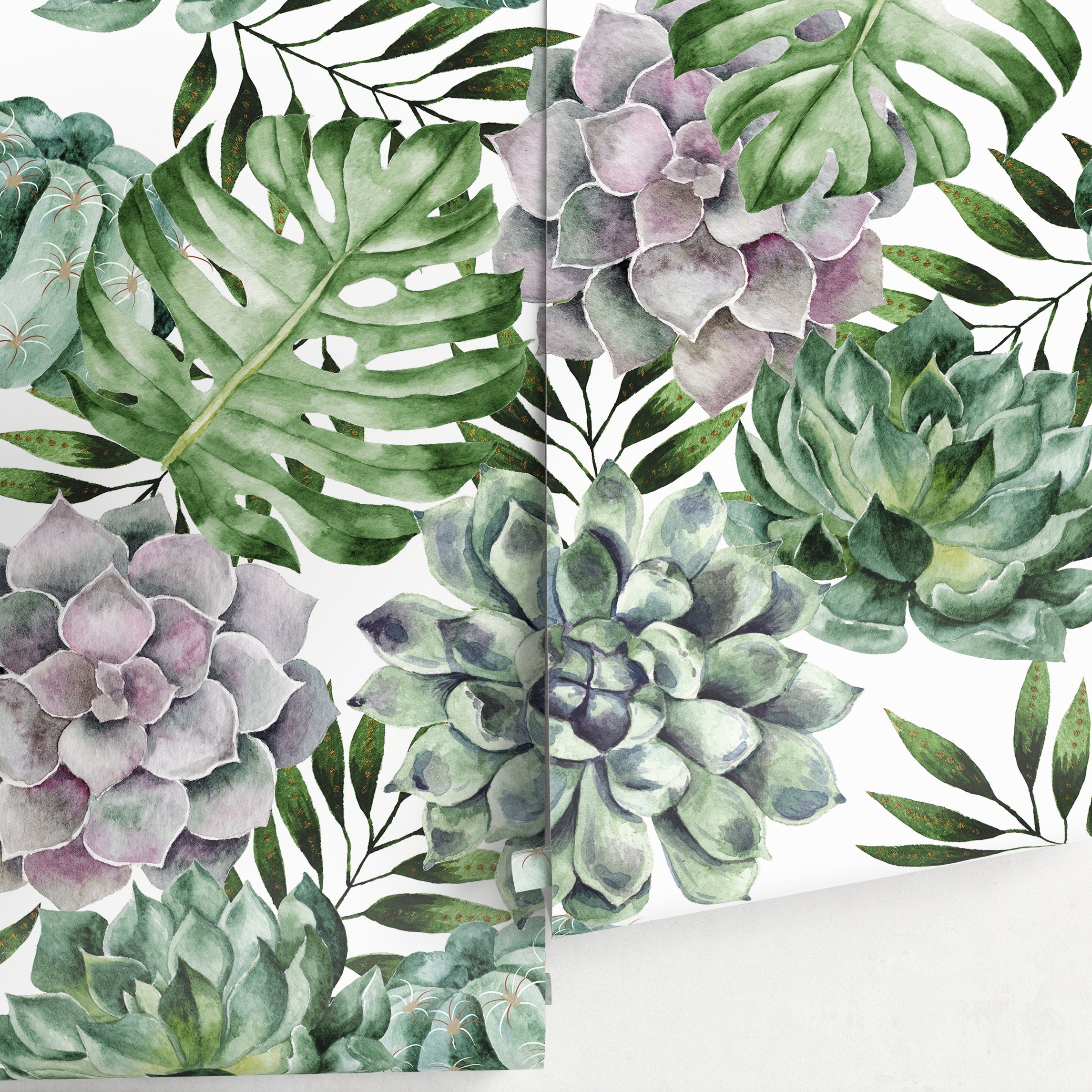 Botanical Wallpaper With Watercolor Succulents And Monstera In Green And Purple - A020