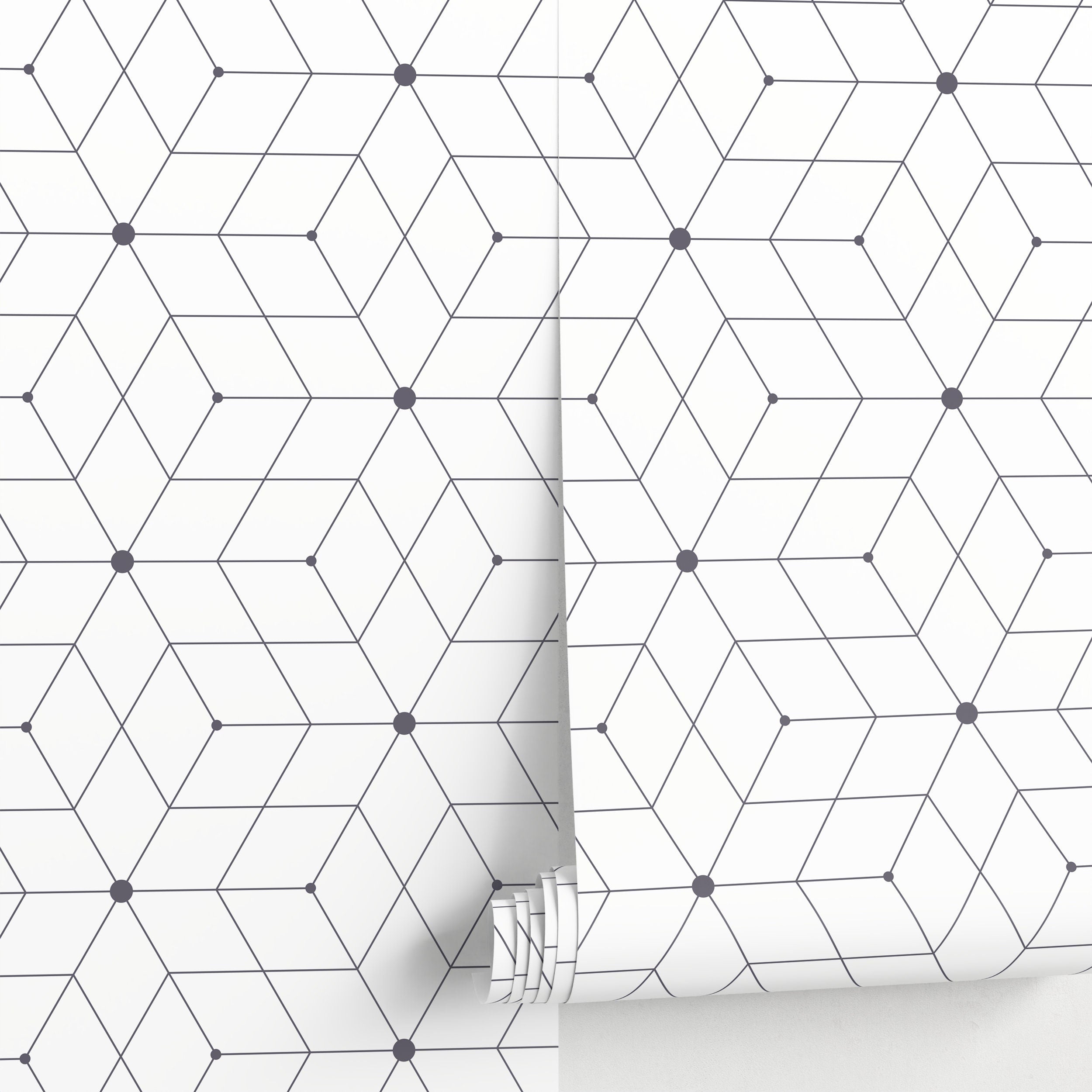 Geometric Wallpaper Featuring A Linear Cube Motif In Dark Grey - A022