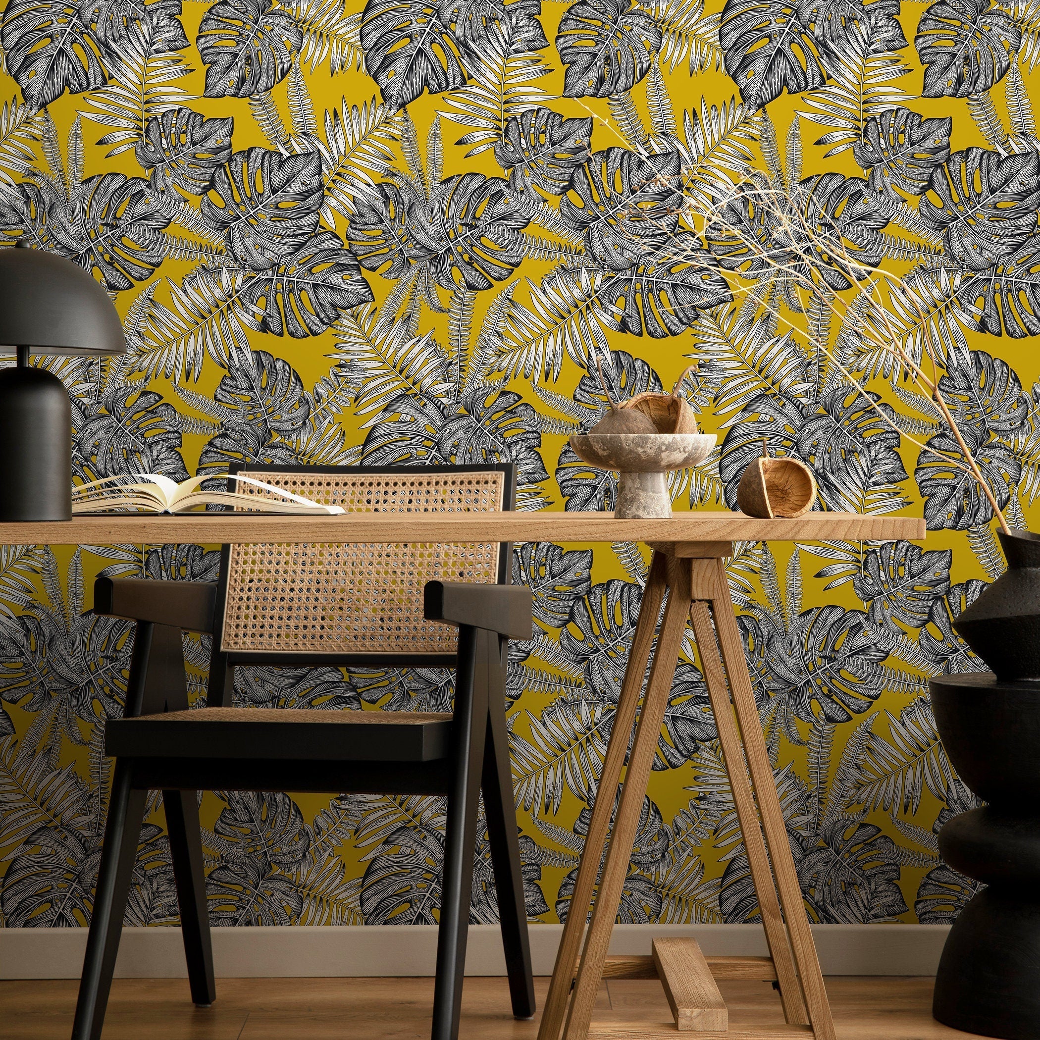Botanical Wallpaper With Monstera And Palm Leaves In Yellow, Black, And White - D981