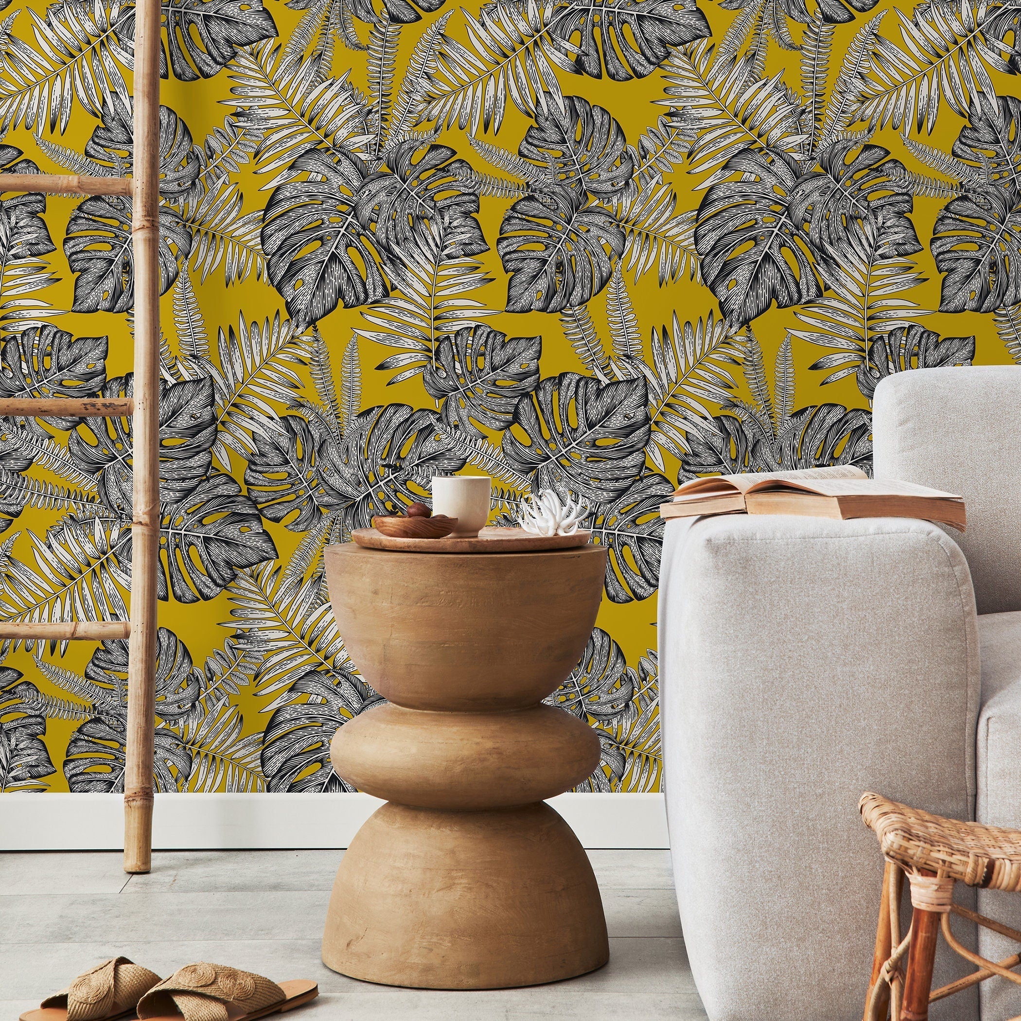 Botanical Wallpaper With Monstera And Palm Leaves In Yellow, Black, And White - D981