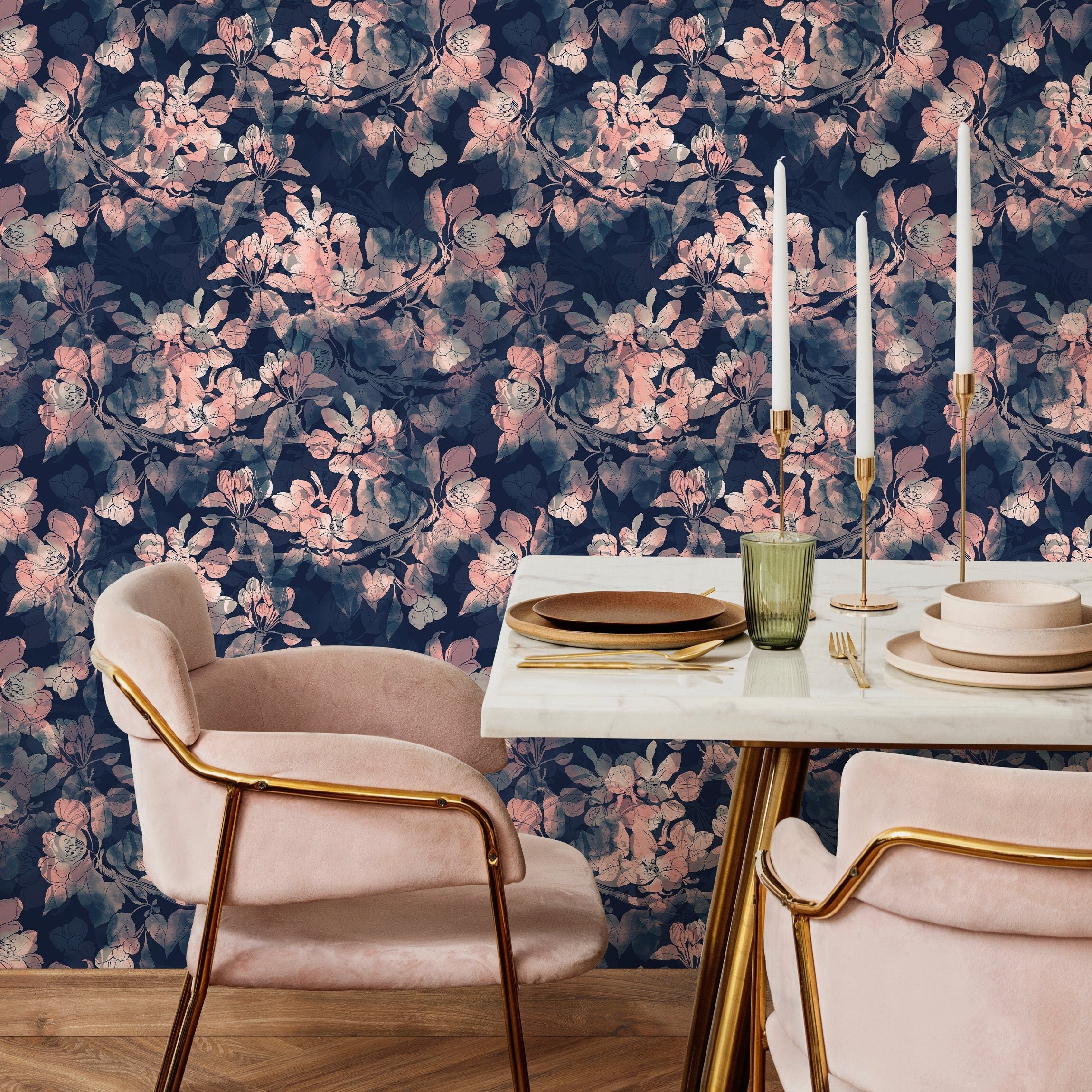 Floral Wallpaper With A Moody Blossom Motif In Navy Blue And Pink - A033