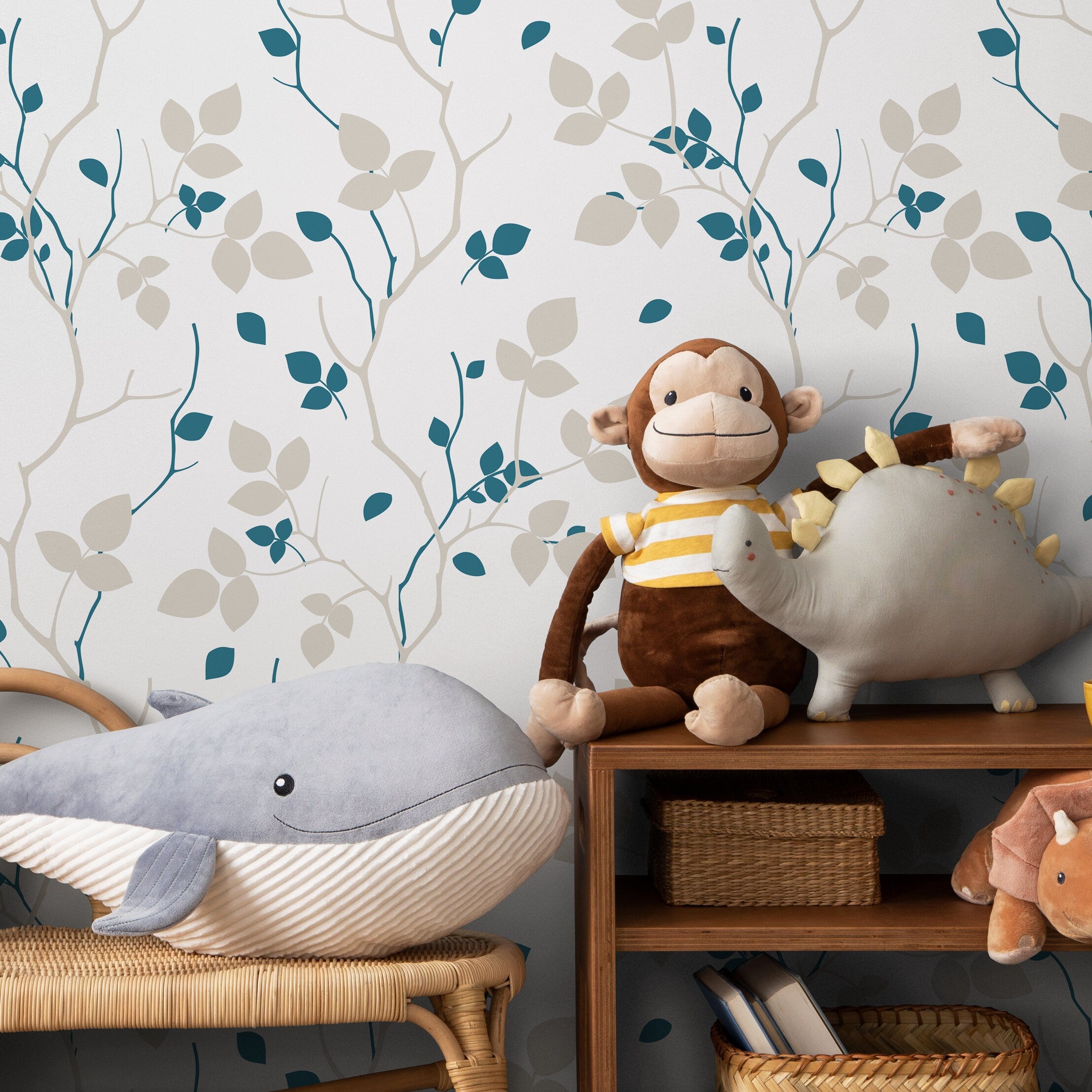 Botanical Wallpaper With Delicate Leafy Vines In Teal And Beige - A040