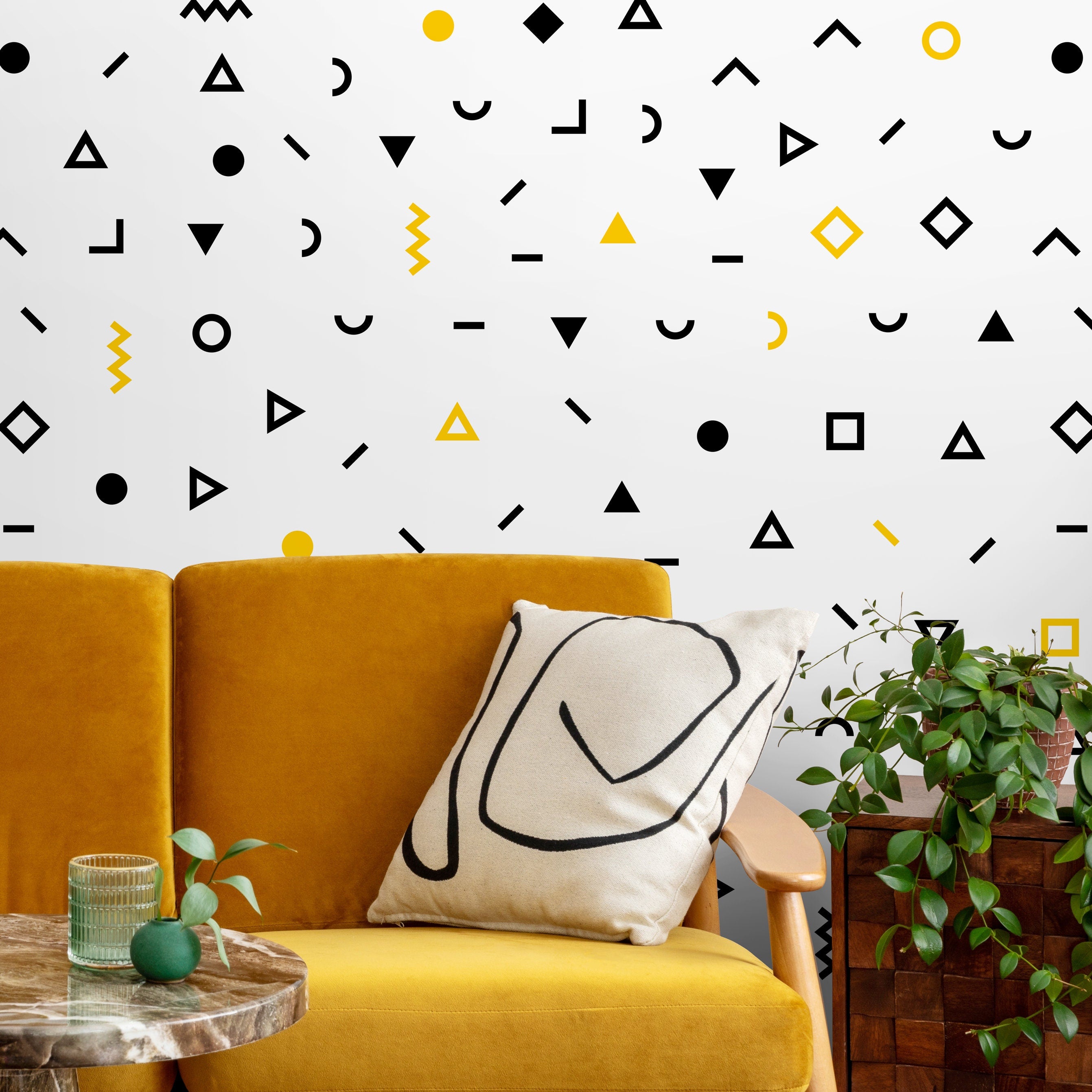 Geometric Wallpaper With Abstract Shapes In Black And Yellow - A041