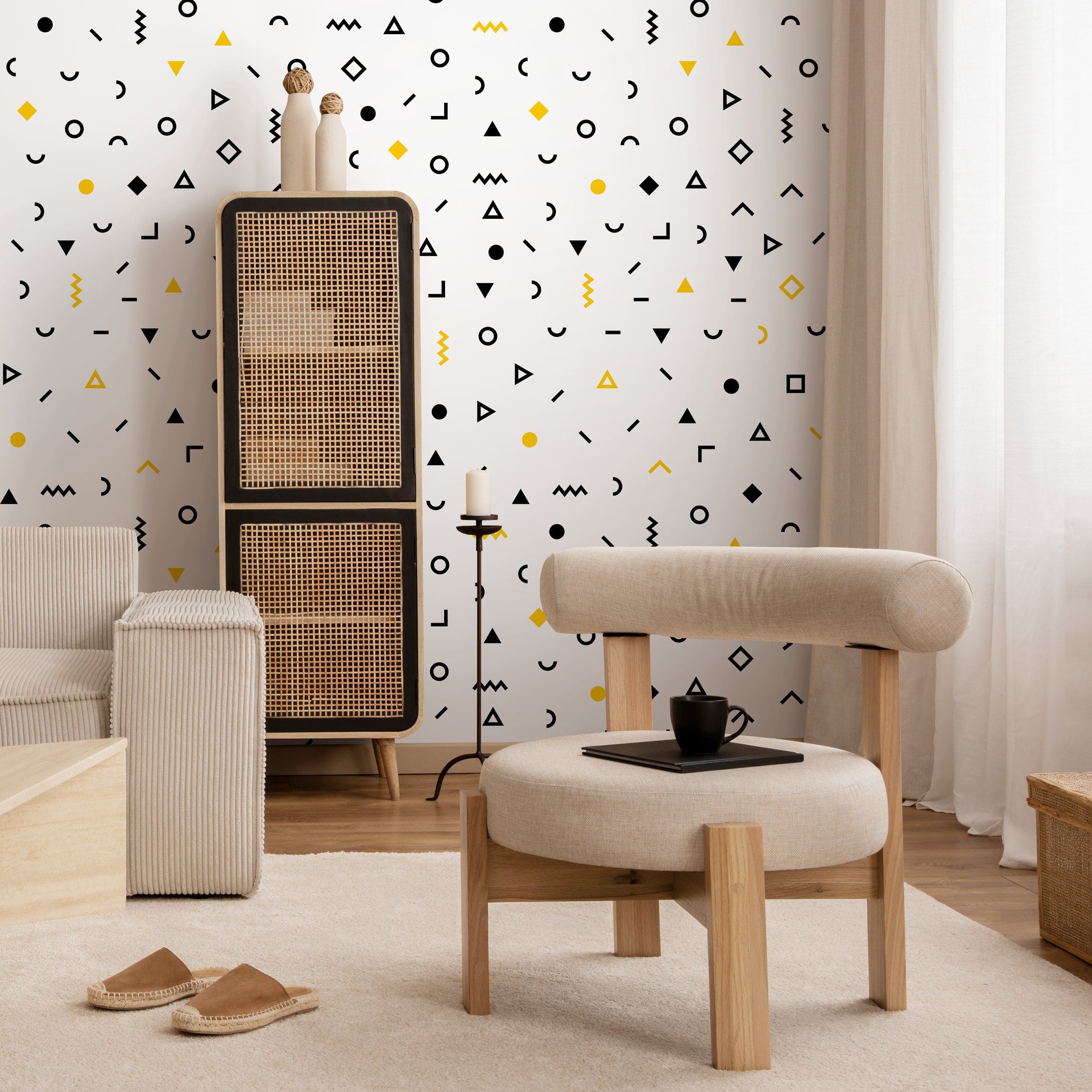 Geometric Wallpaper With Abstract Shapes In Black And Yellow - A041