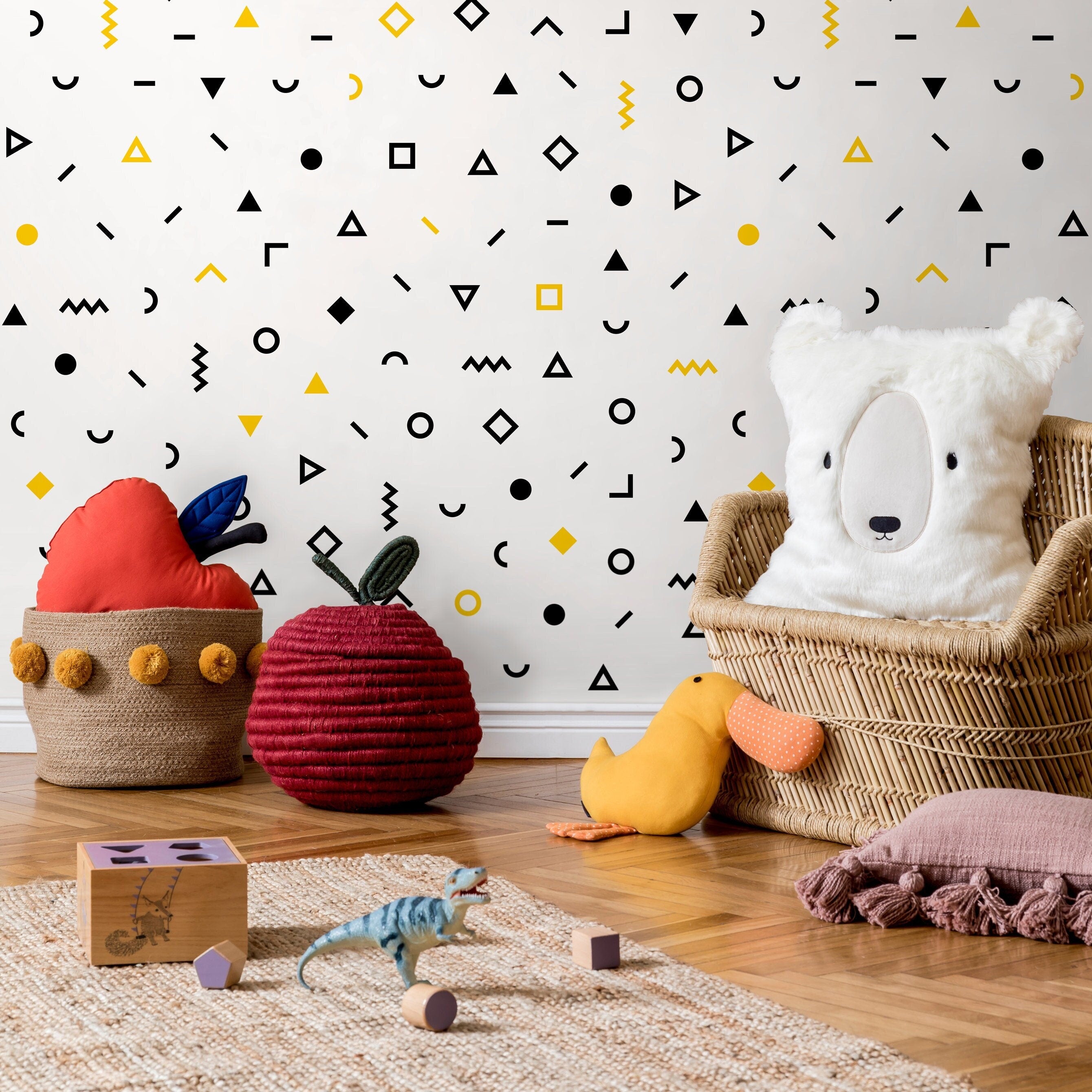Geometric Wallpaper With Abstract Shapes In Black And Yellow - A041