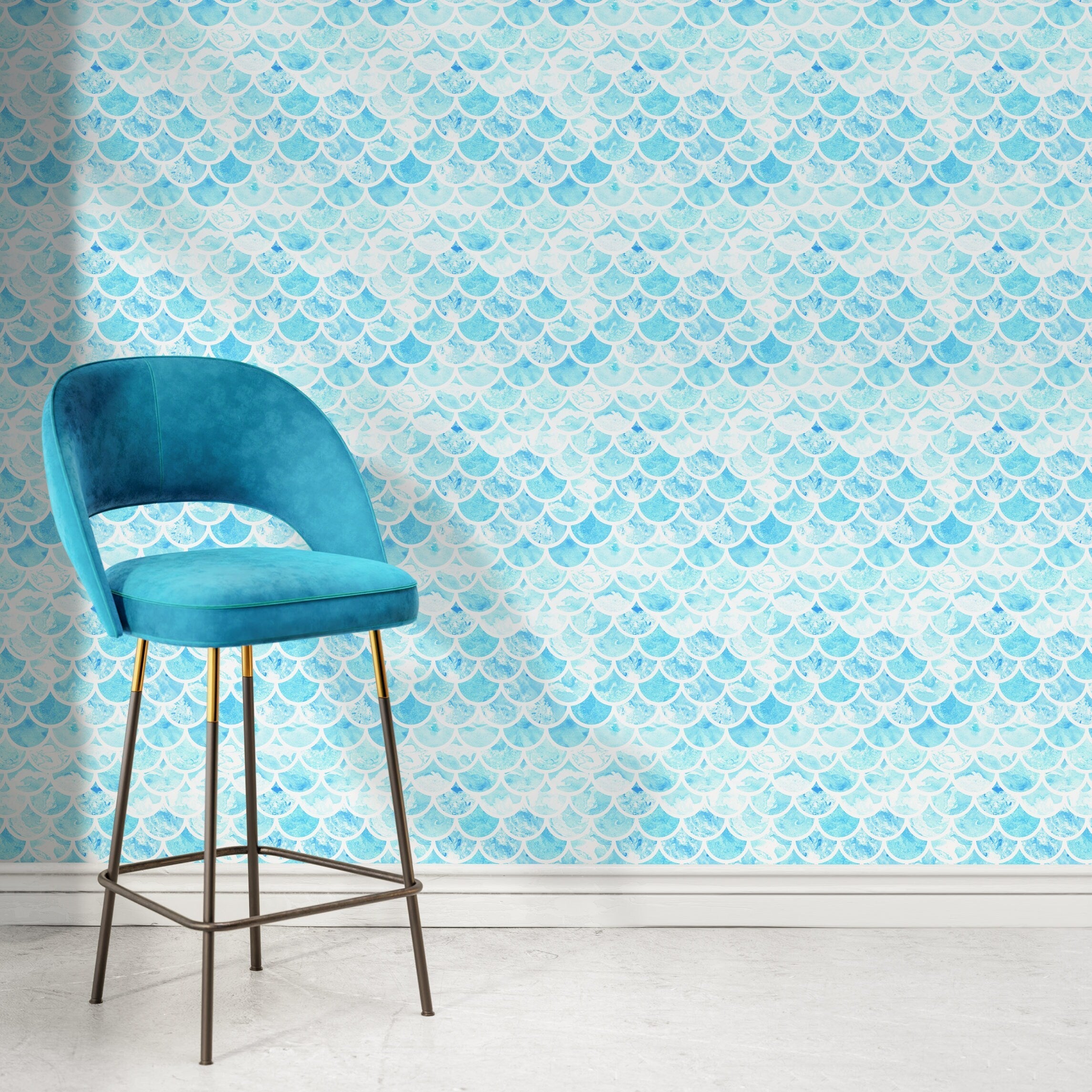 Watercolor Wallpaper With A Mermaid Scale Motif In Blue And White - A044