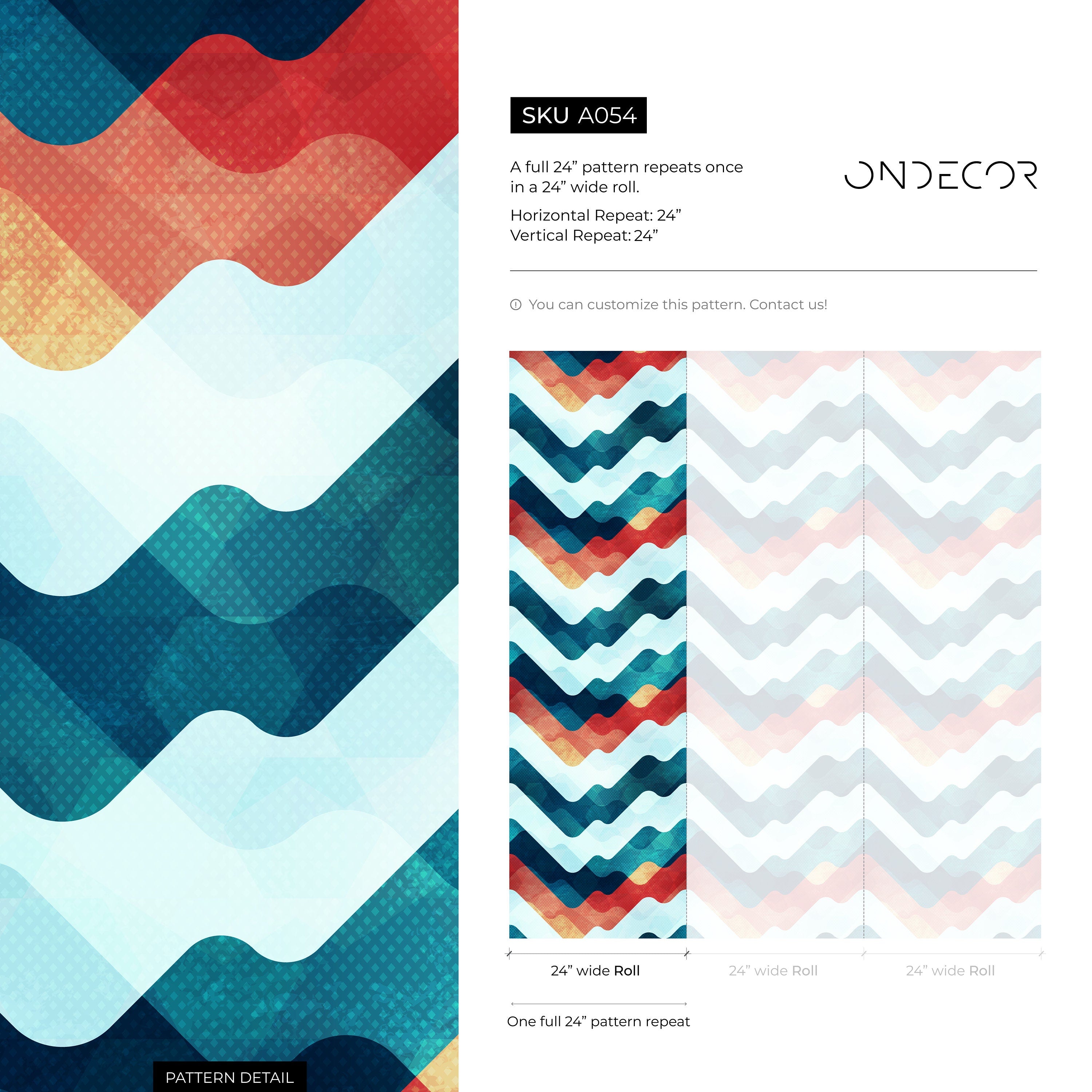 Abstract Wallpaper With A Wavy Mountain Motif In Teal, Red, And Yellow - A054