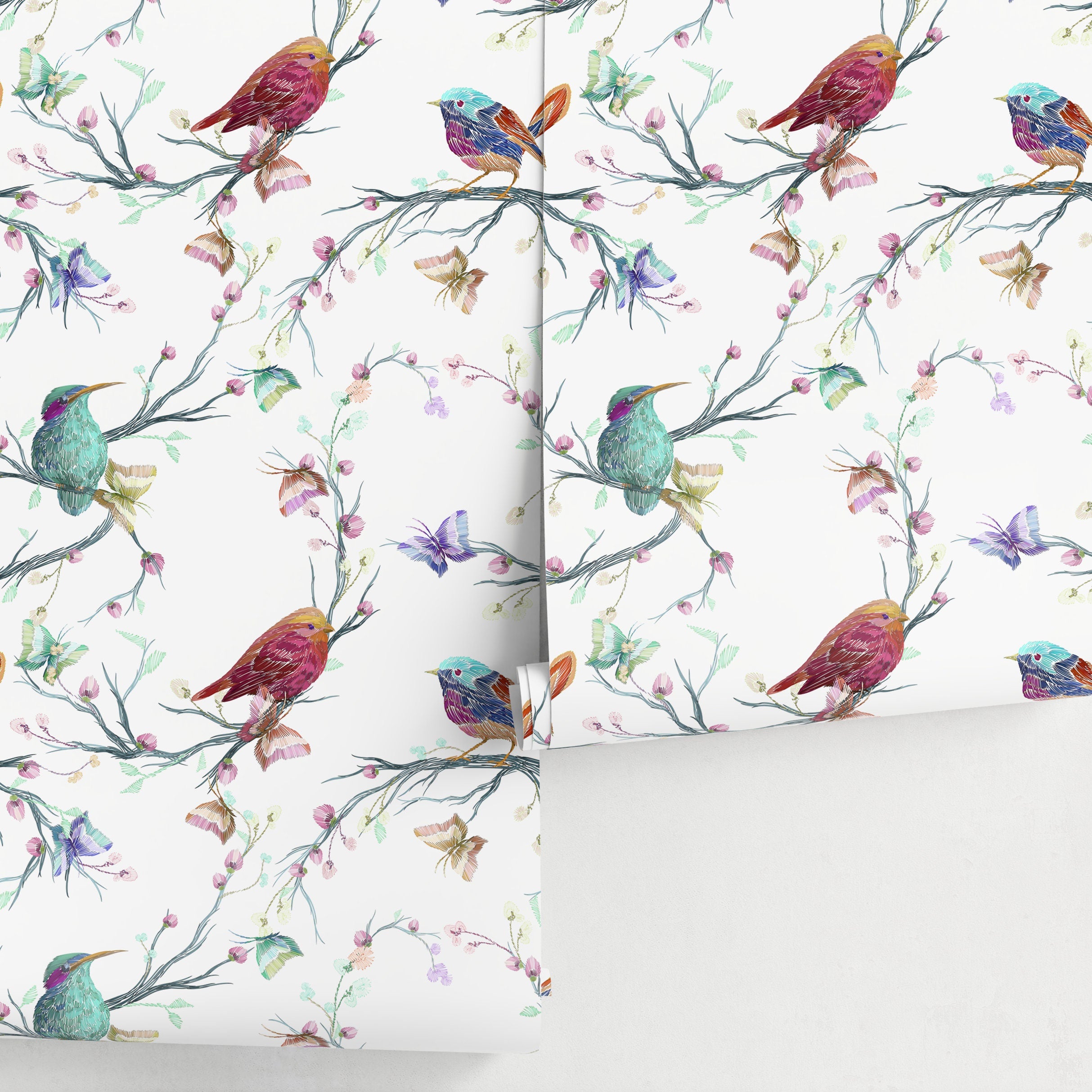 Animal Wallpaper With An Embroidered Bird Motif In Teal, Pink, And Purple - A061