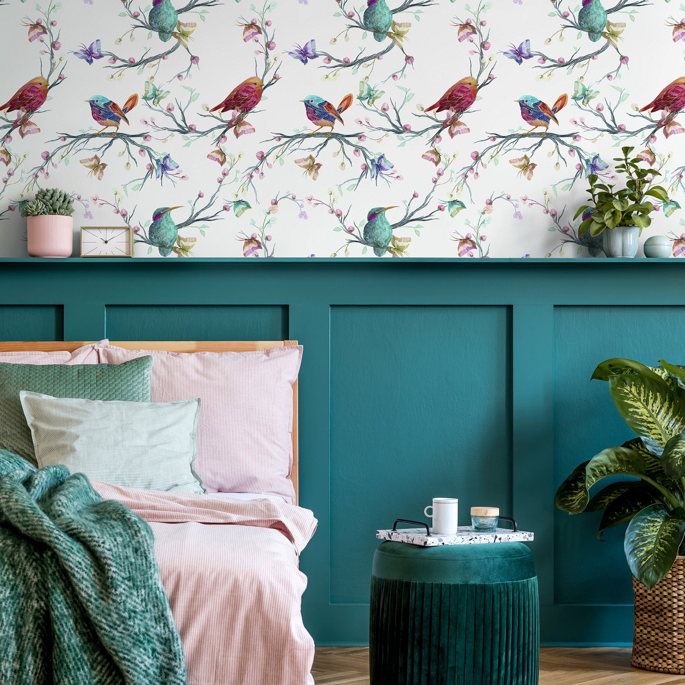 Animal Wallpaper With An Embroidered Bird Motif In Teal, Pink, And Purple - A061