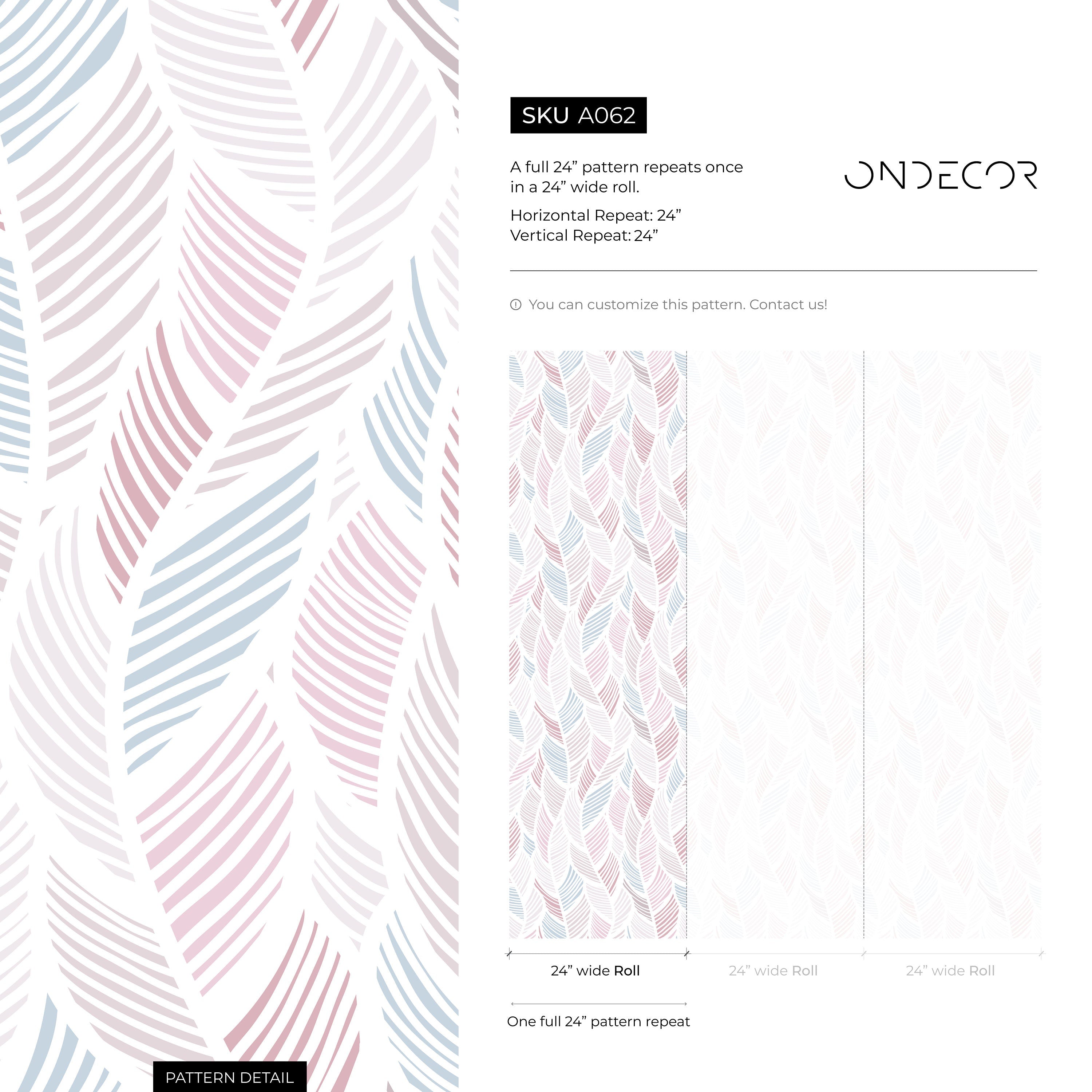 Botanical Wallpaper With Stylized Feather Motifs In Pink And Blue - A062