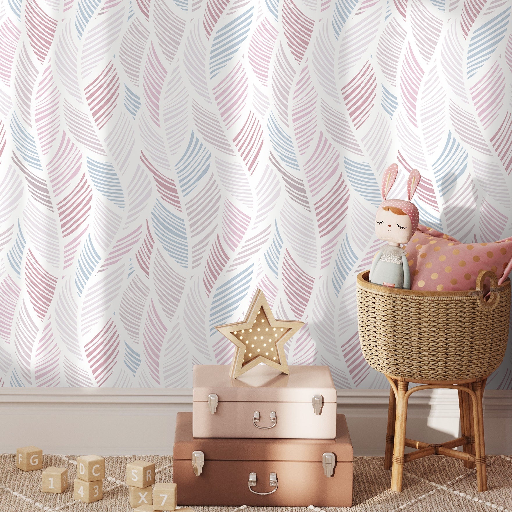 Botanical Wallpaper With Stylized Feather Motifs In Pink And Blue - A062