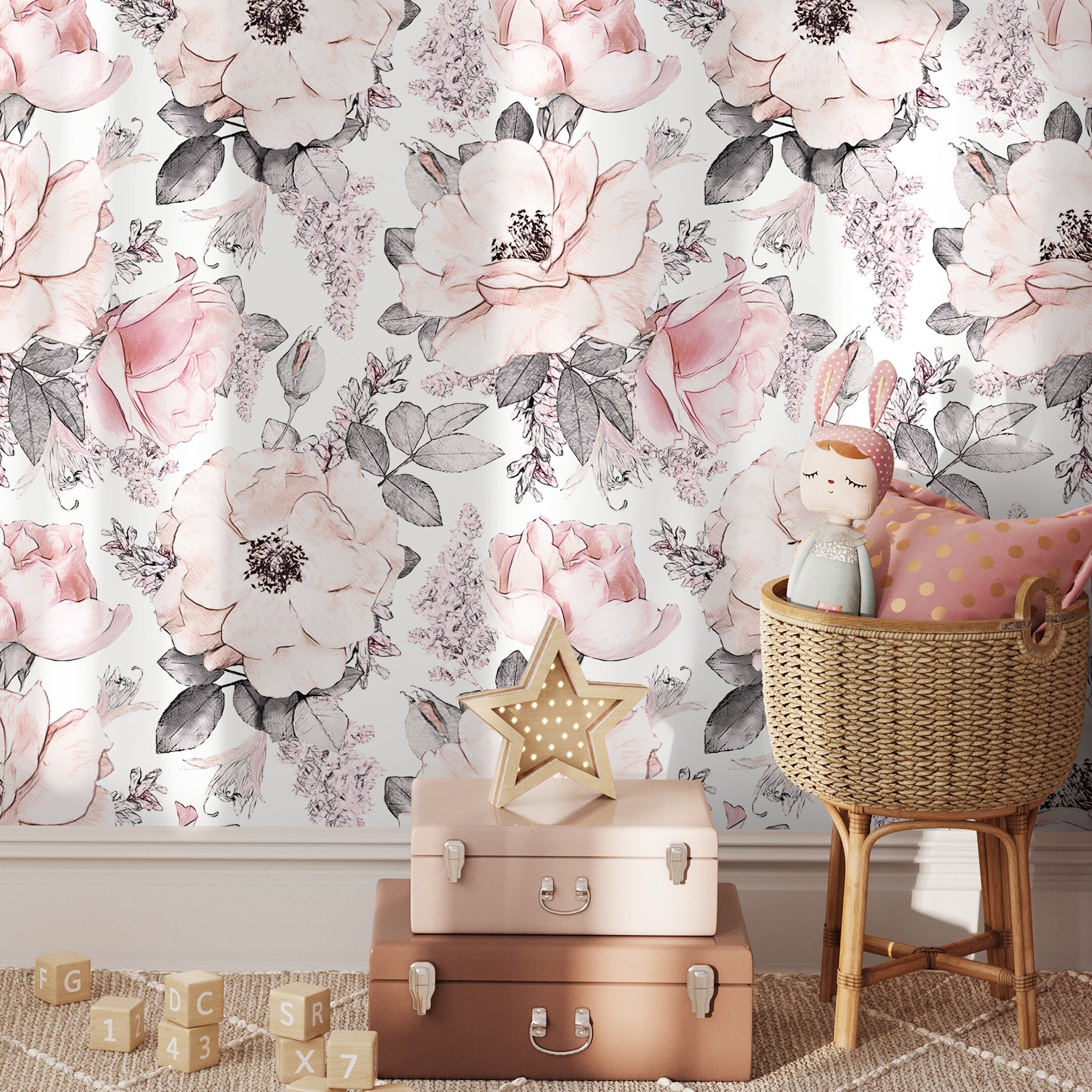 Floral Wallpaper Featuring Sketched Roses In Pink And Gray - A068