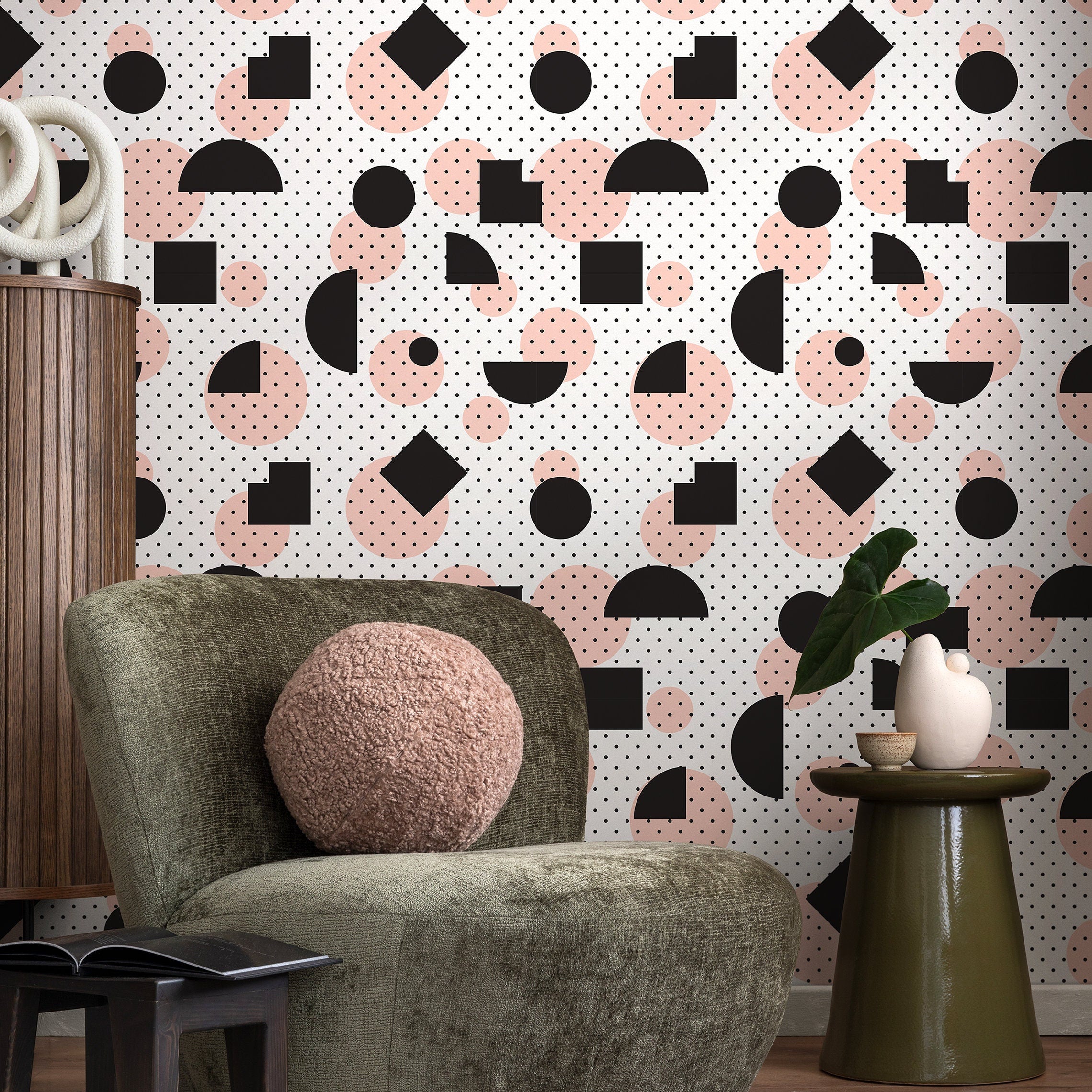 Geometric Wallpaper With Abstract Shapes And Polka Dots In Black And Pink - A075