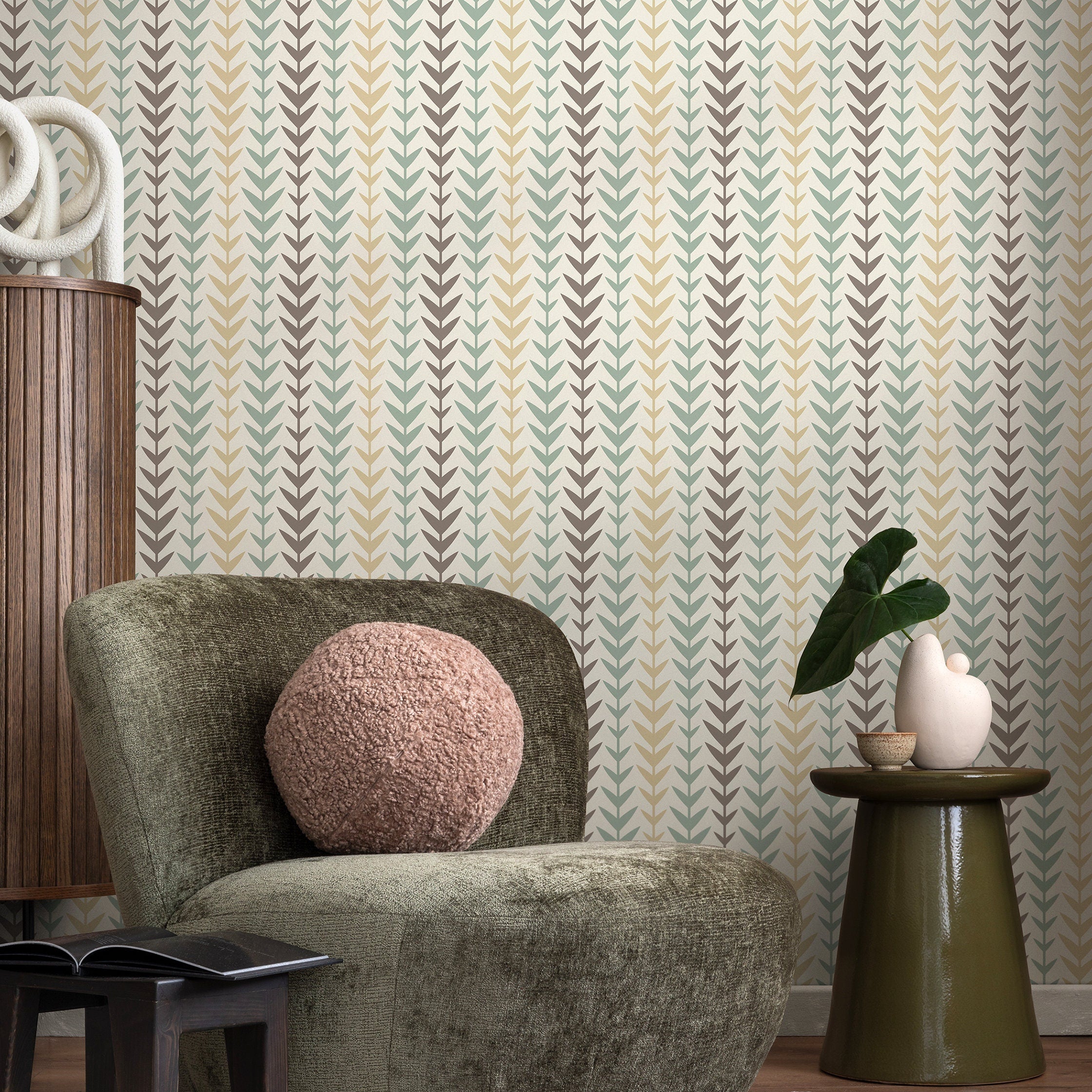 Geometric Wallpaper With A Leaf Motif In Green, Brown, And Beige - A079