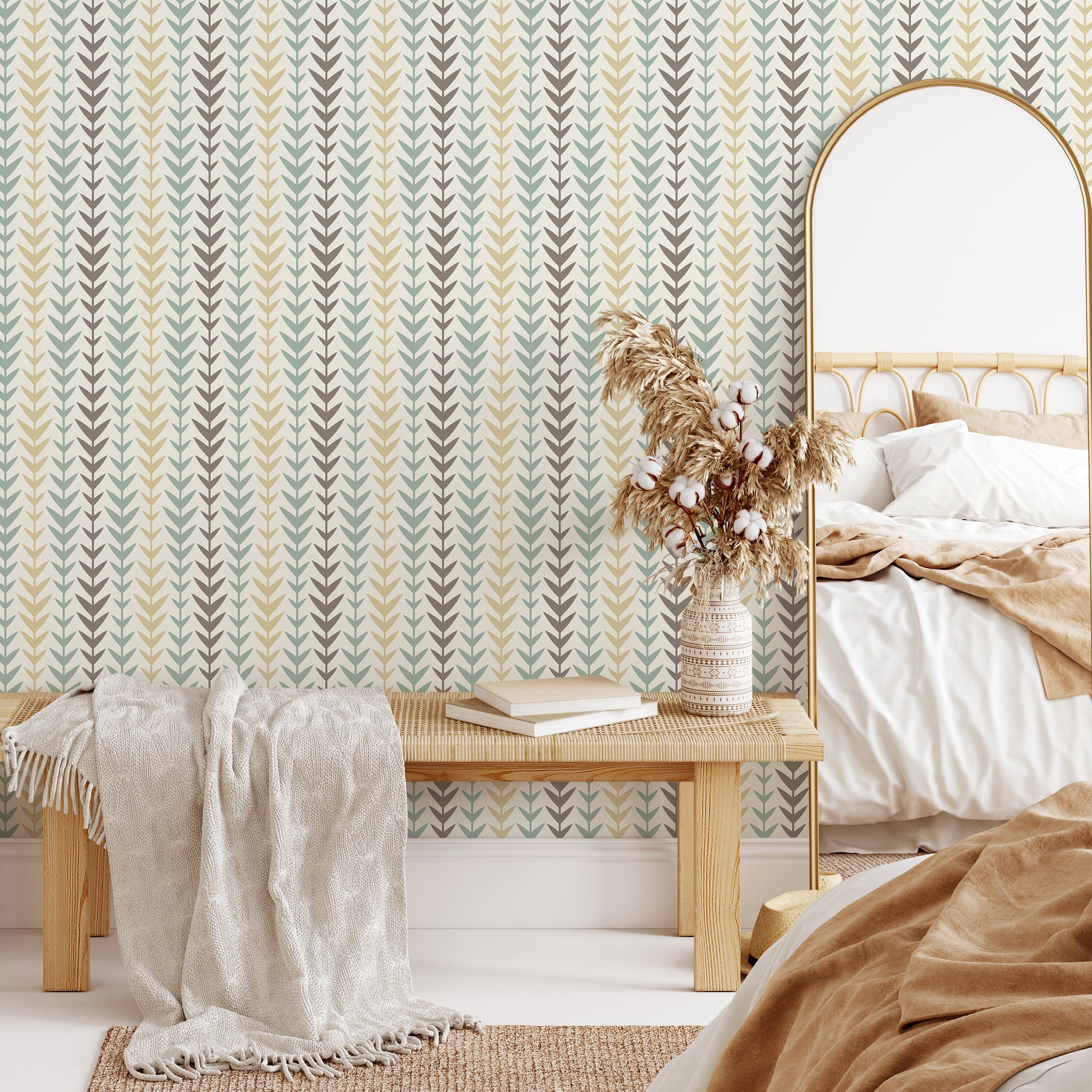 Geometric Wallpaper With A Leaf Motif In Green, Brown, And Beige - A079