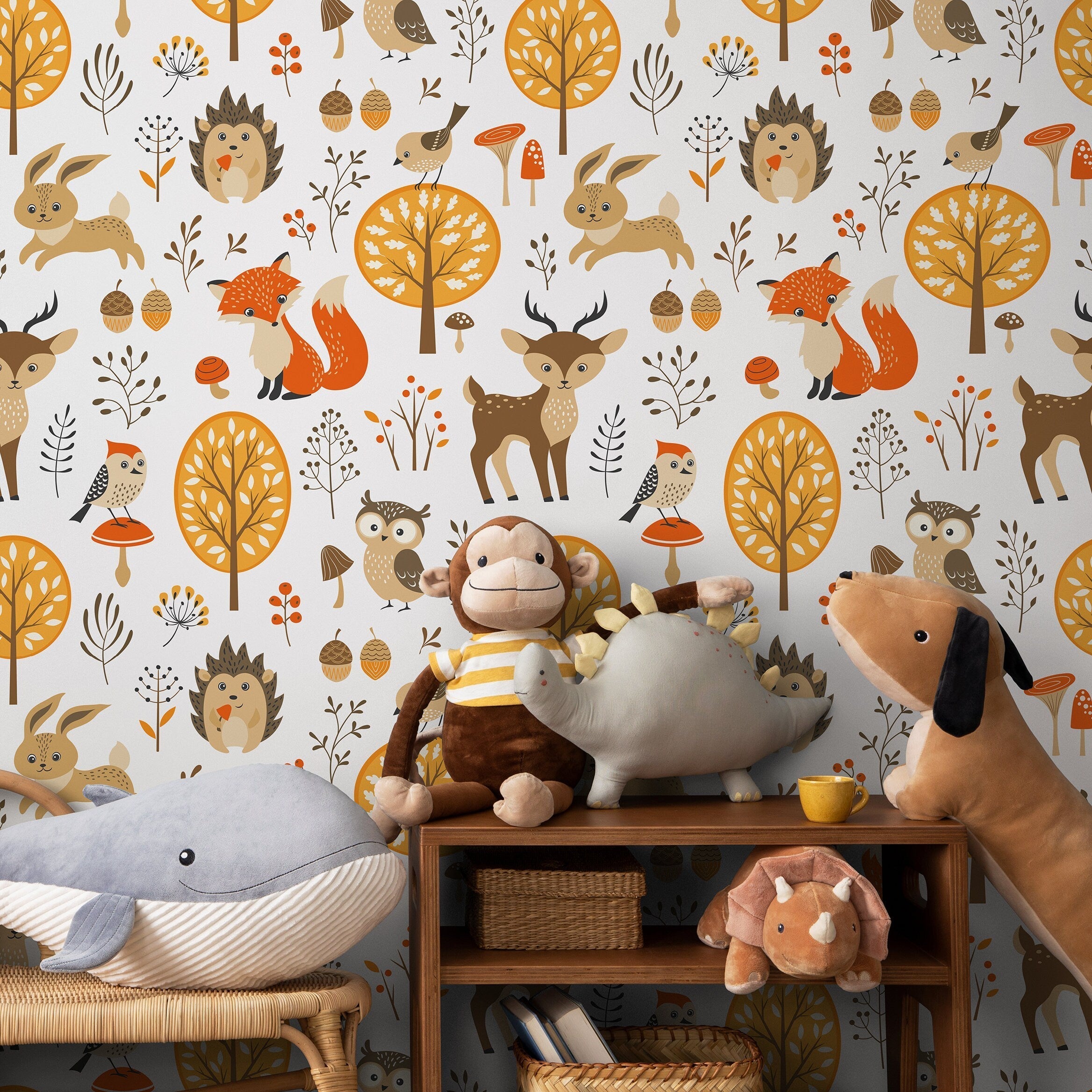Woodland Wallpaper Featuring Forest Animals In Orange, Brown, And Yellow - A082