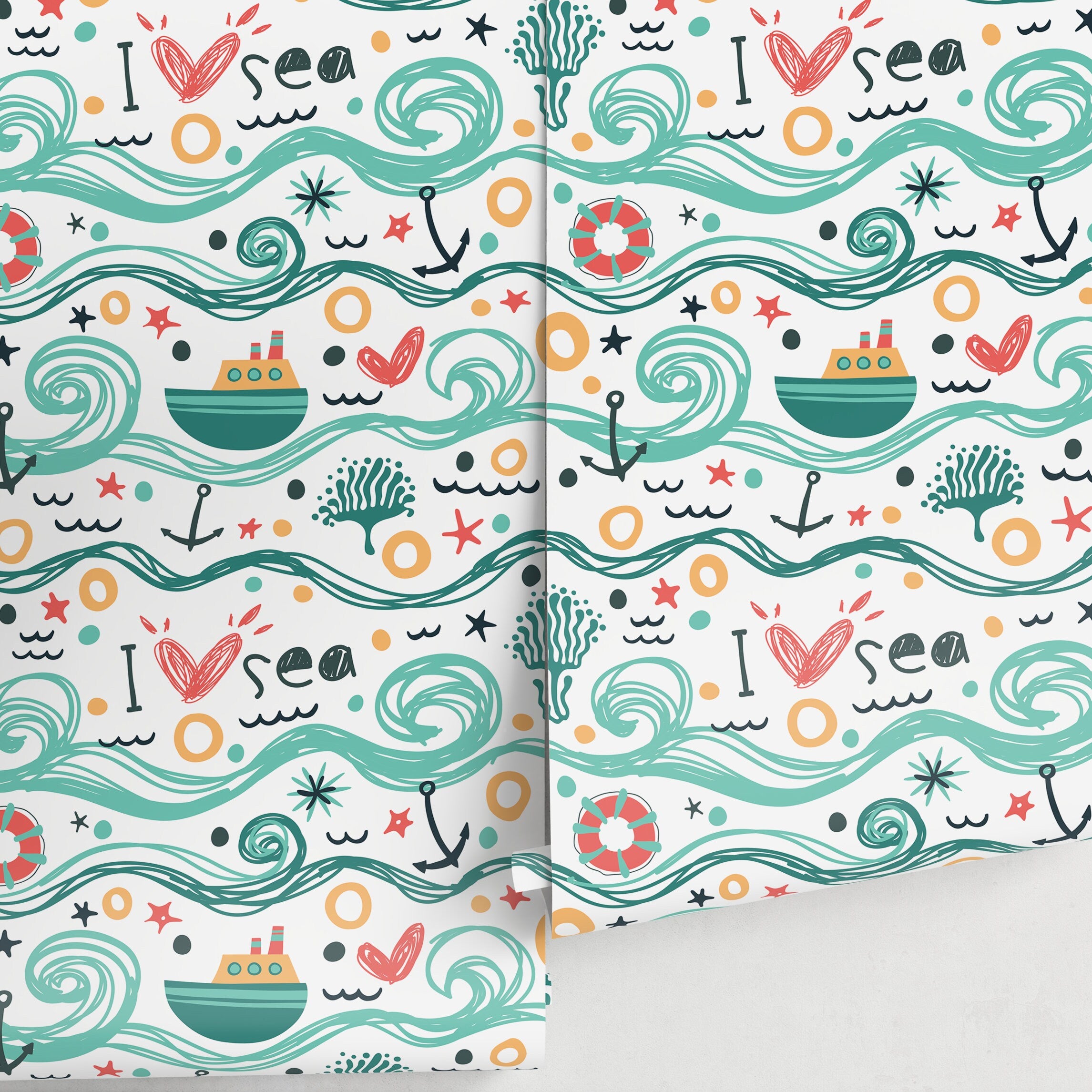 Kids Wallpaper With A Hand-drawn Ocean Motif In Teal, Red, And Yellow - A084