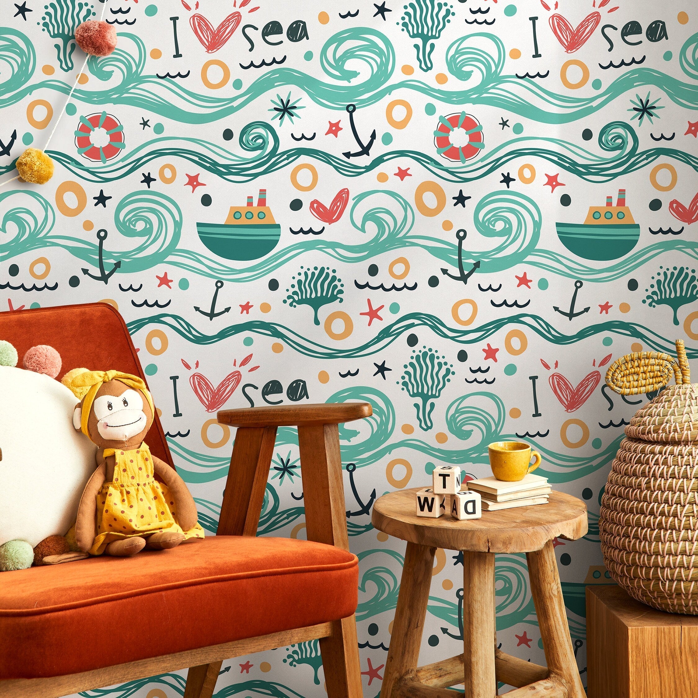 Kids Wallpaper With A Hand-drawn Ocean Motif In Teal, Red, And Yellow - A084