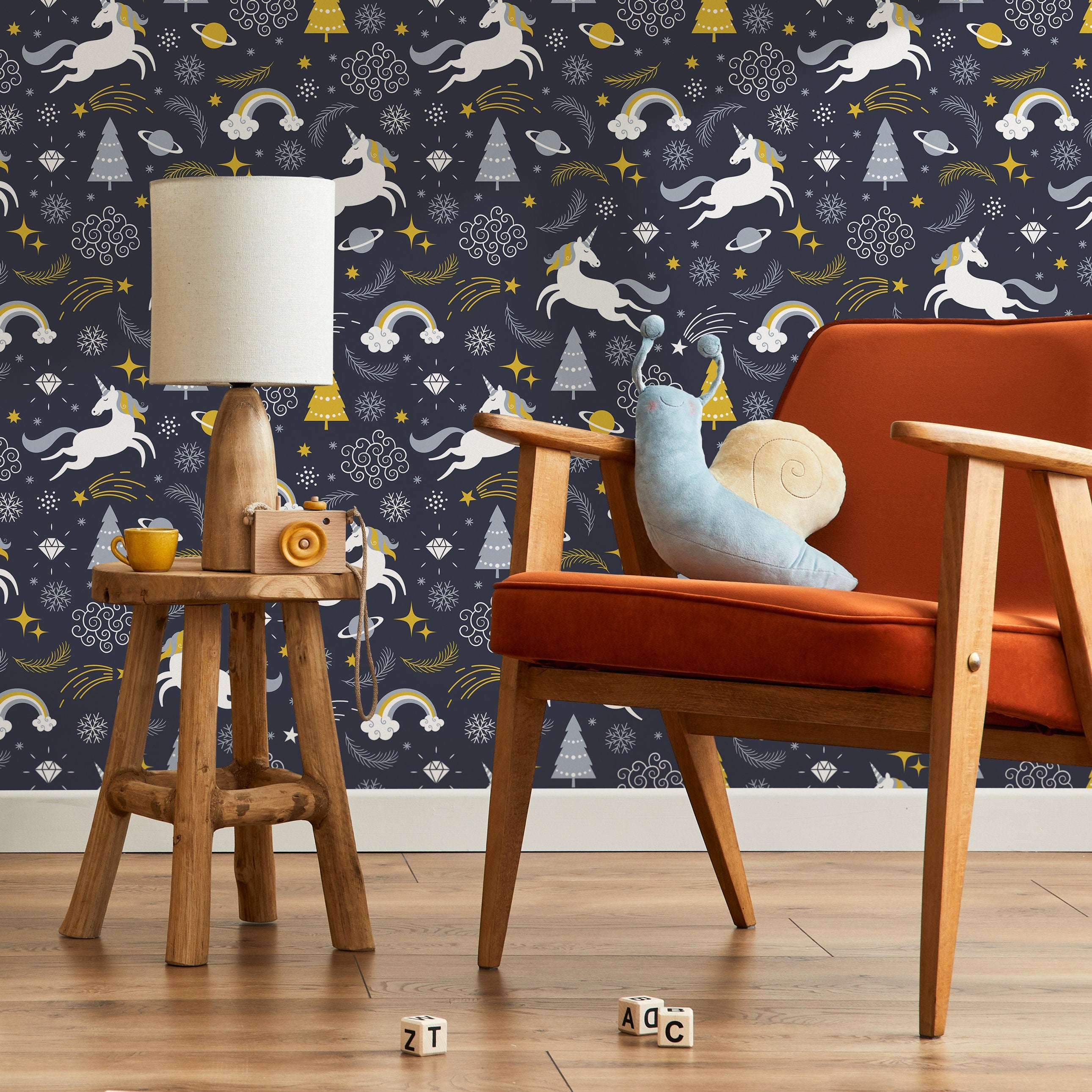 Whimsical Wallpaper With Unicorns And Planets In Navy, Yellow, And Gray - A094