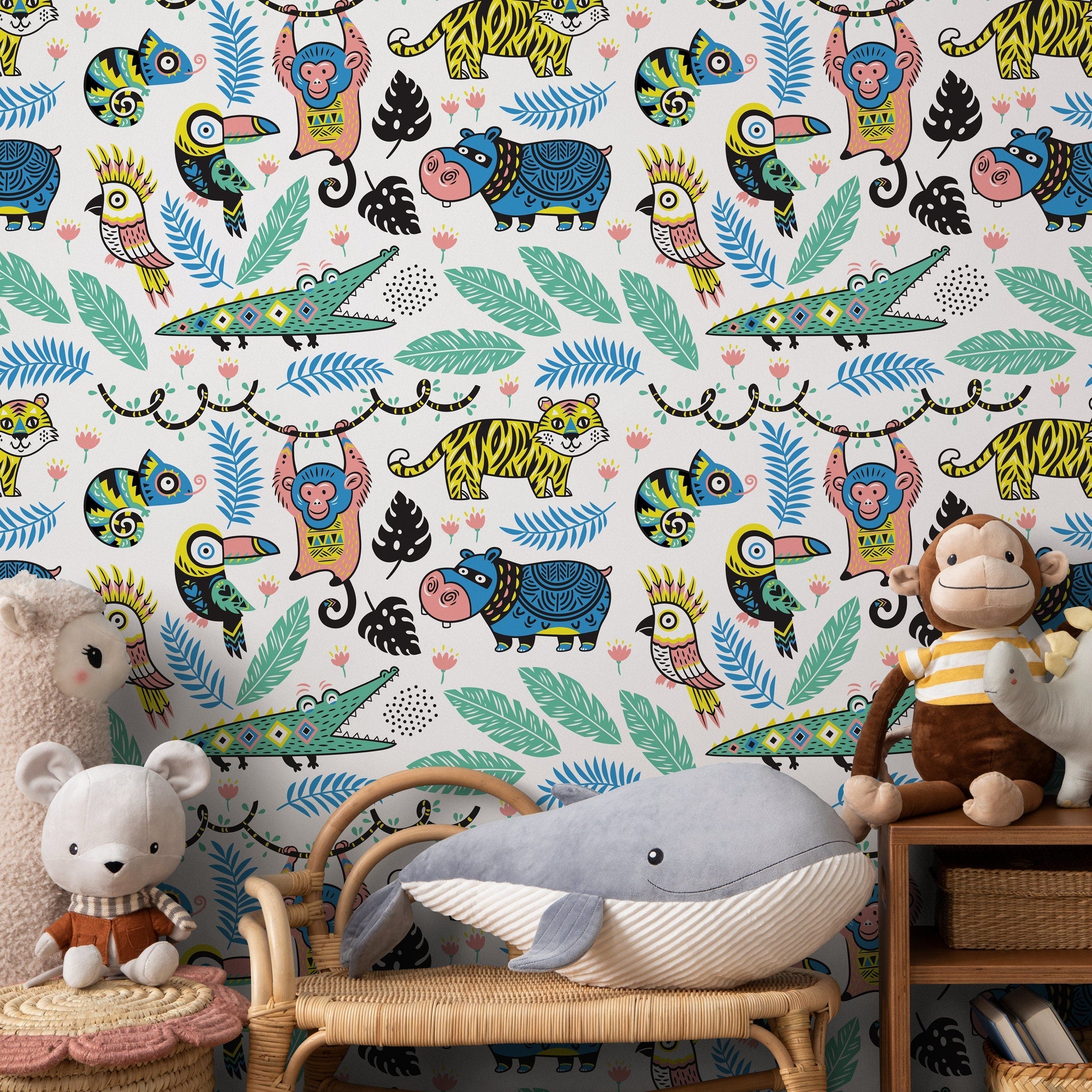 Jungle Wallpaper Featuring Cartoon Jungle Animals In Yellow, Blue, And Green - A095