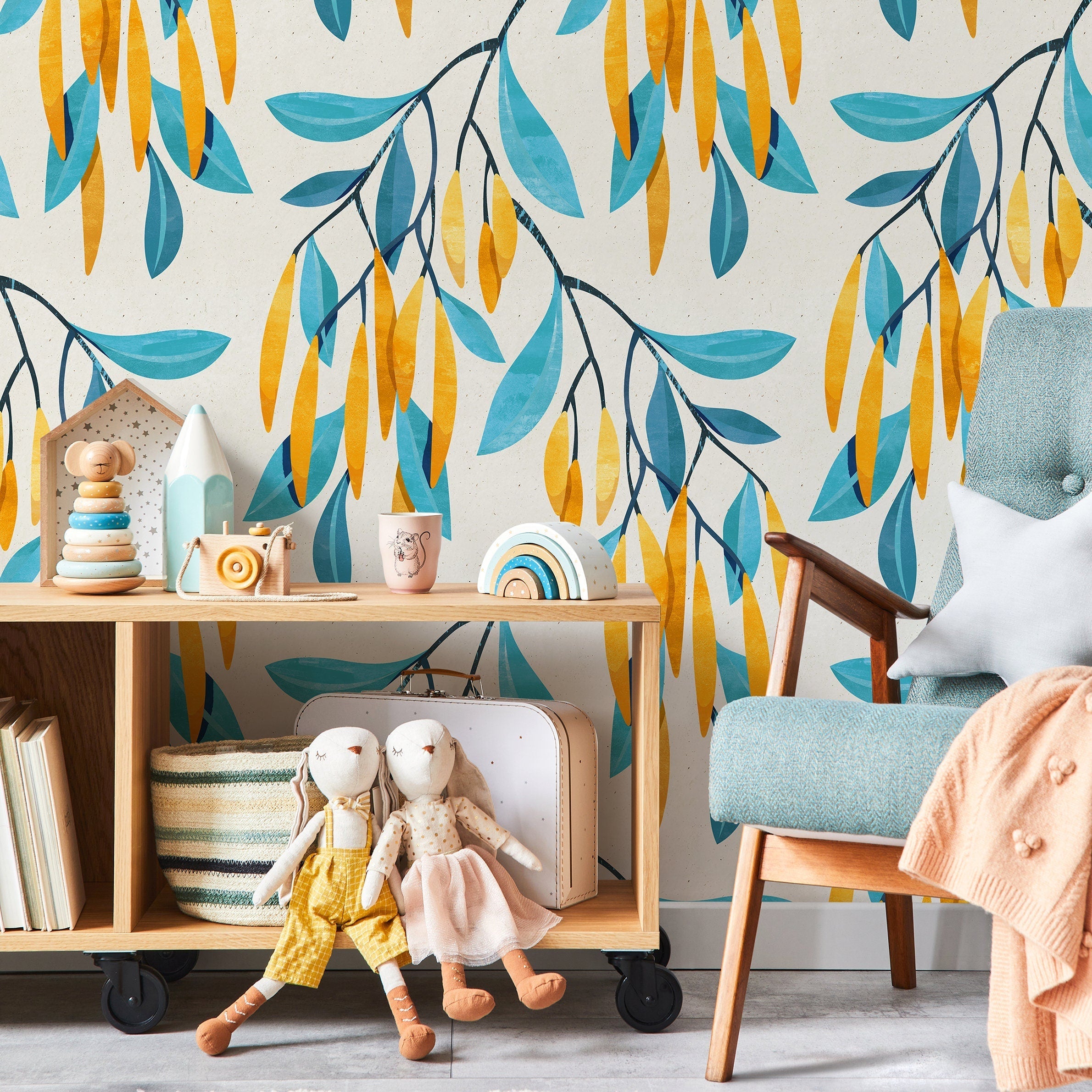 Botanical Wallpaper With Stylized Hanging Leaves In Teal, Yellow, And Blue - A098