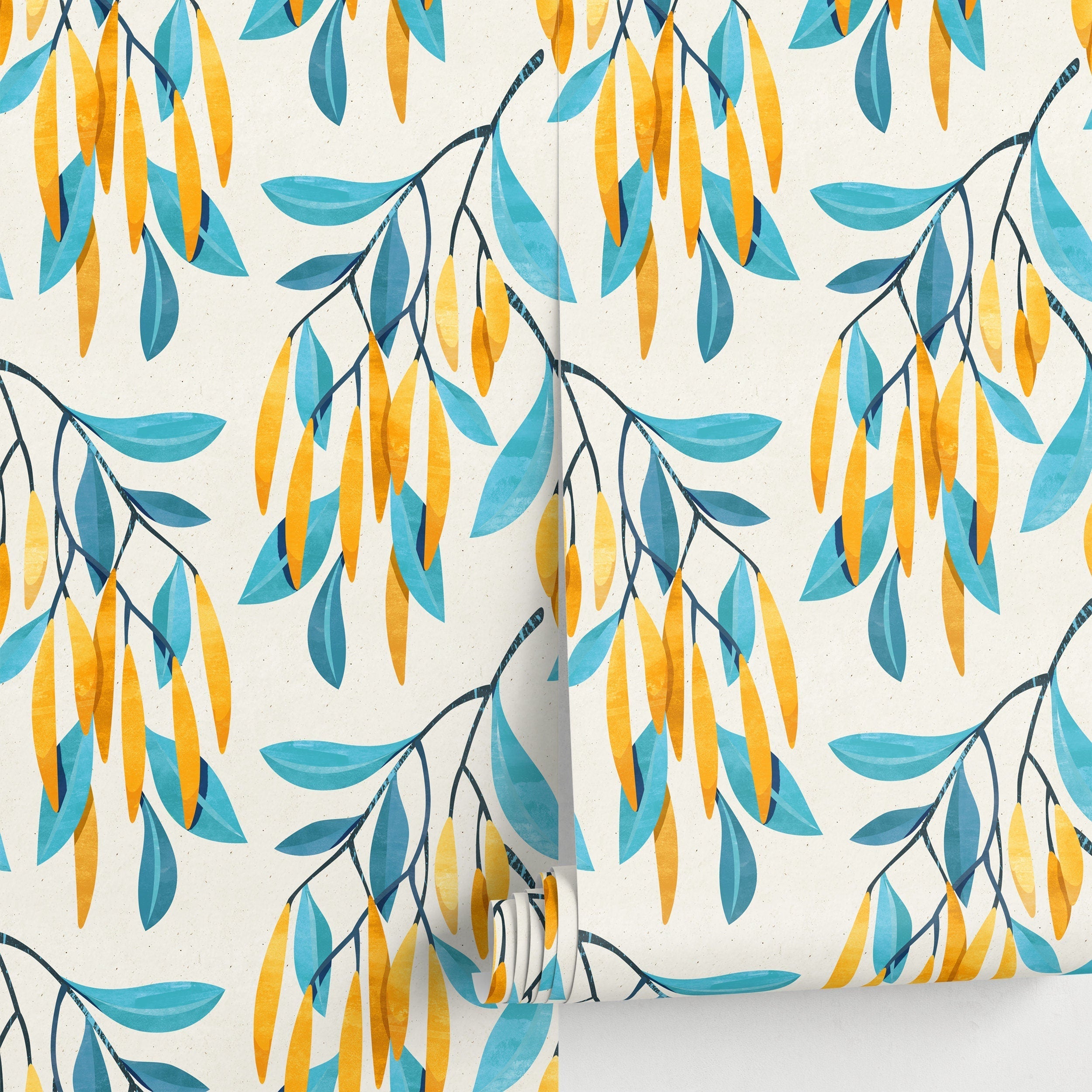 Botanical Wallpaper With Stylized Hanging Leaves In Teal, Yellow, And Blue - A098