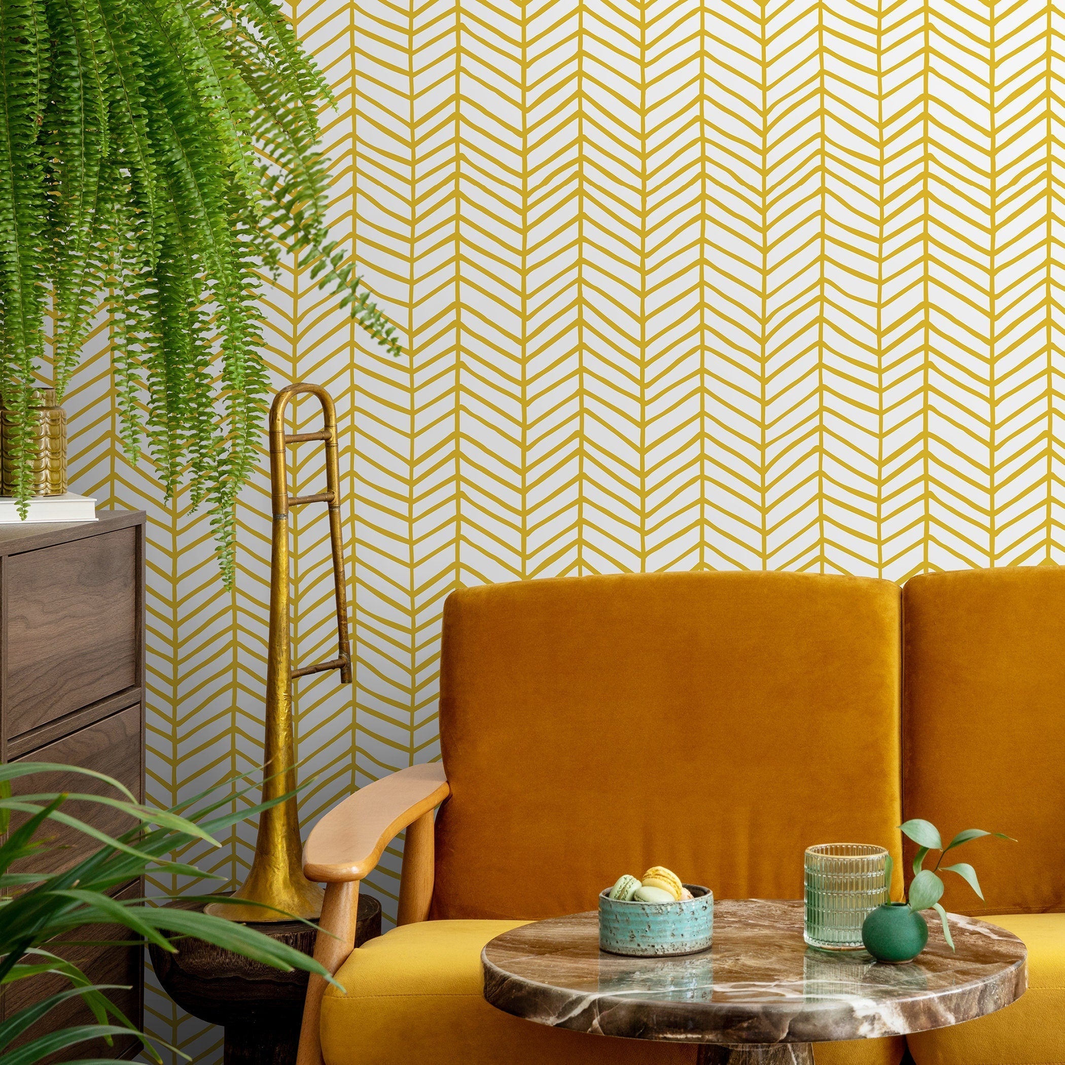 Herringbone Wallpaper With A Hand-drawn Motif In Yellow - A052