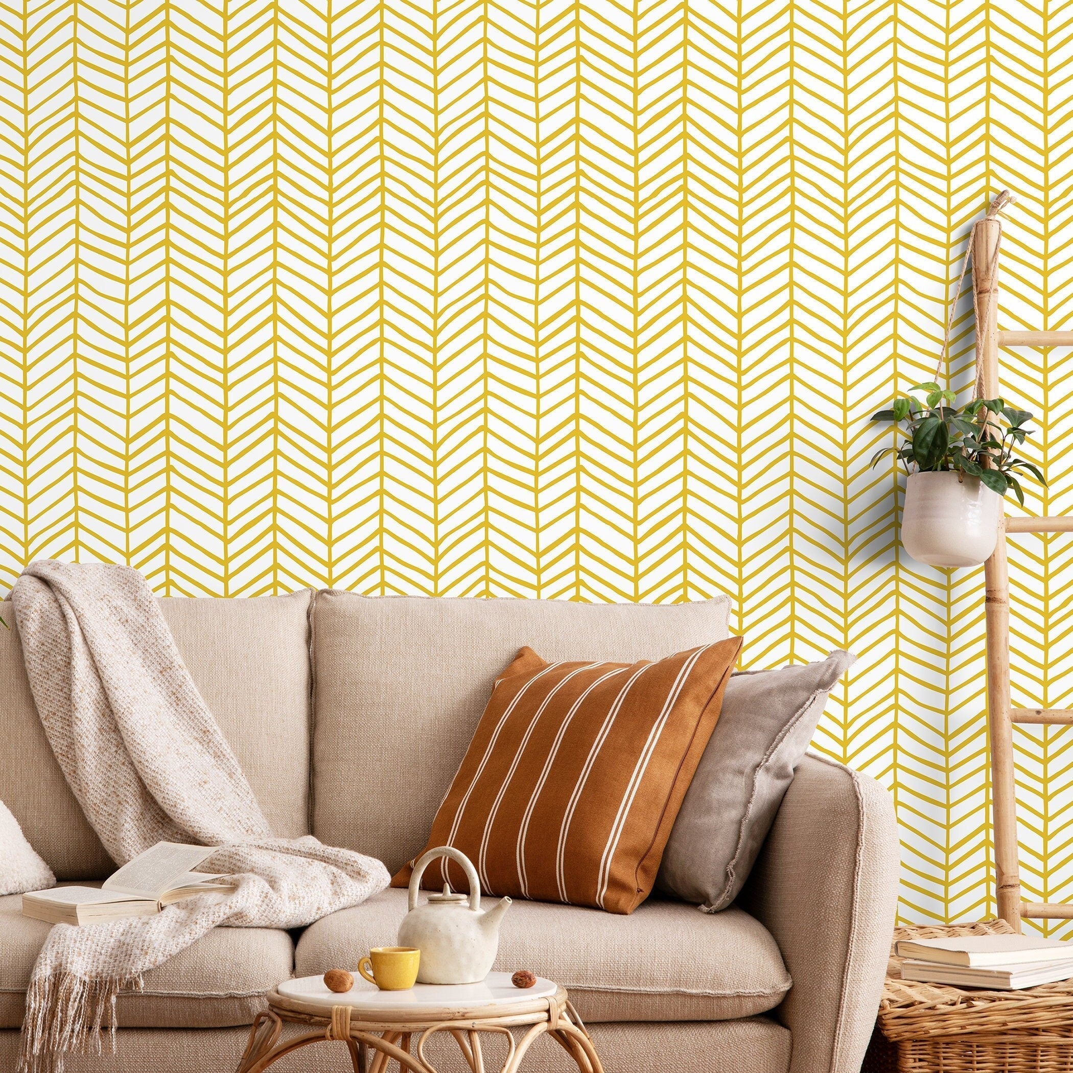 Herringbone Wallpaper With A Hand-drawn Motif In Yellow - A052