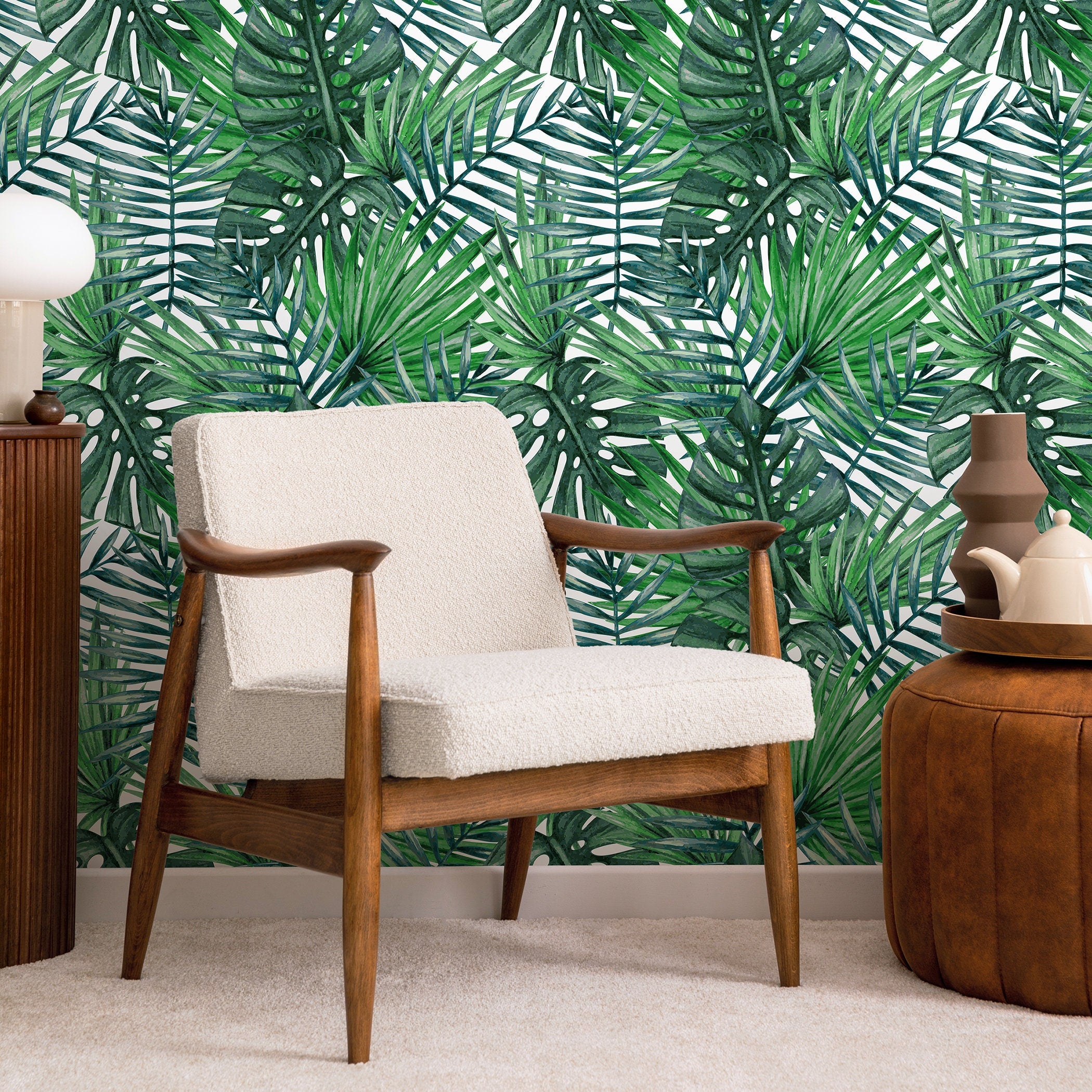 Tropical Wallpaper With Monstera And Palm Leaves In Green - A101