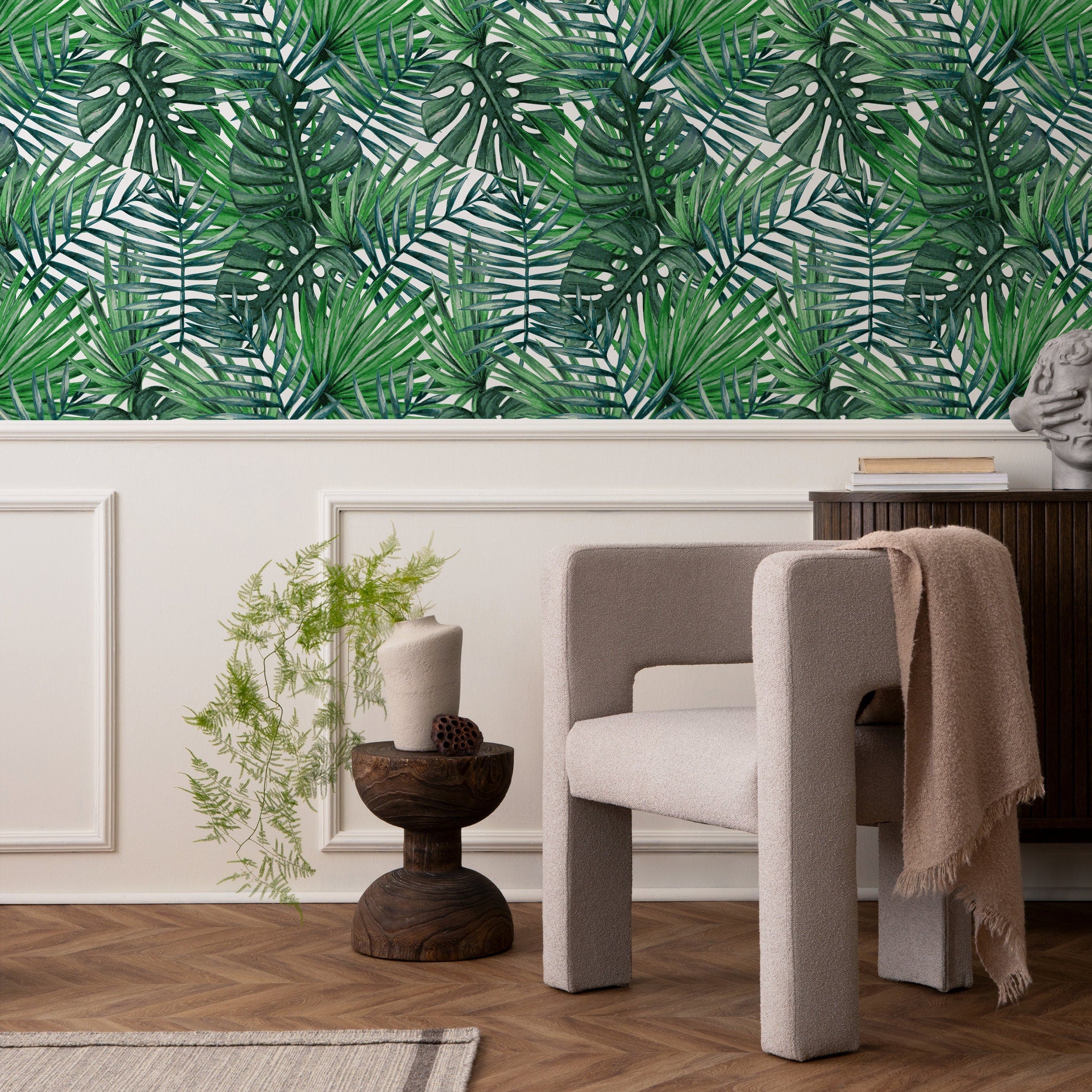 Tropical Wallpaper With Monstera And Palm Leaves In Green - A101