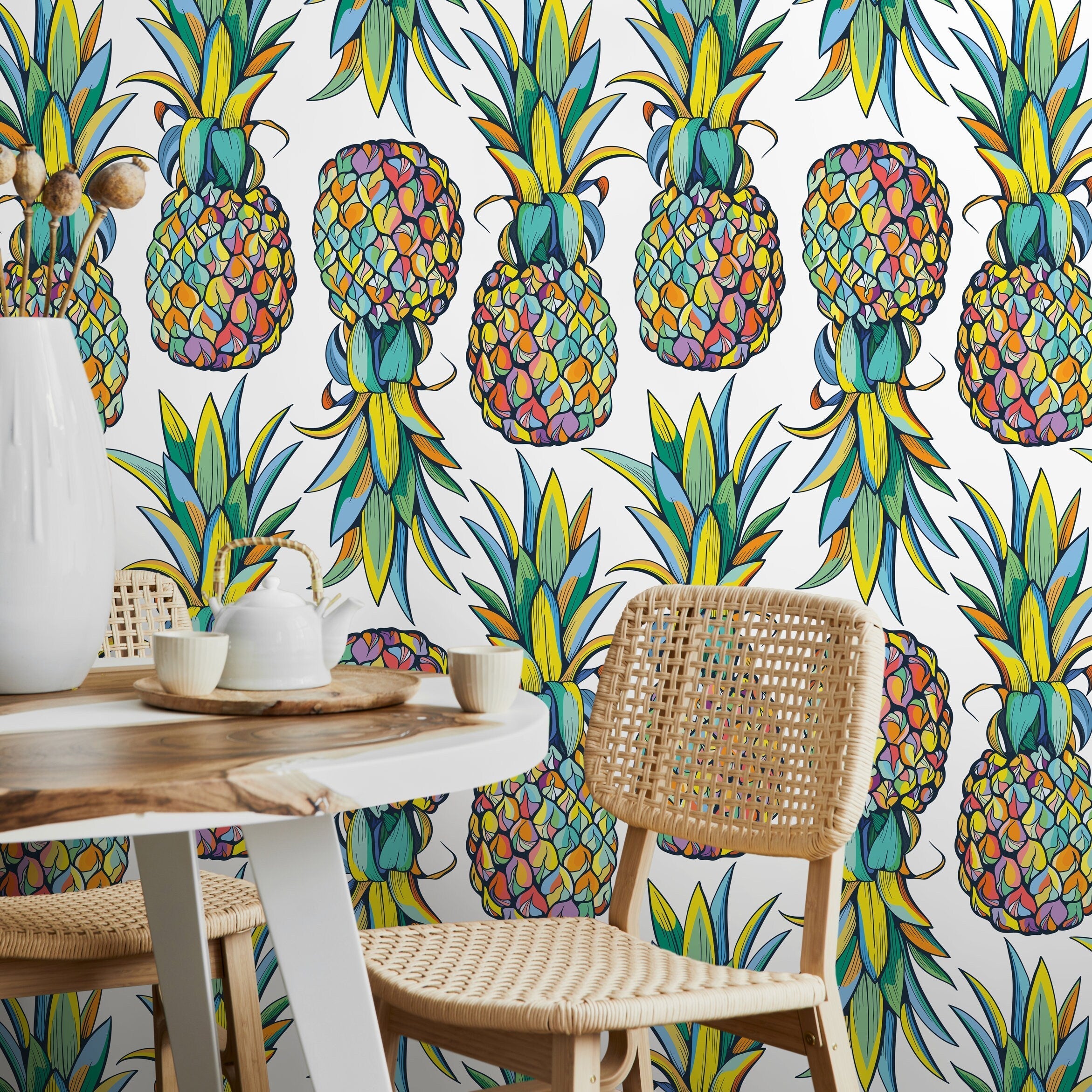 Tropical Wallpaper With Mosaic Style Pineapples In Yellow, Blue, And Green - D989