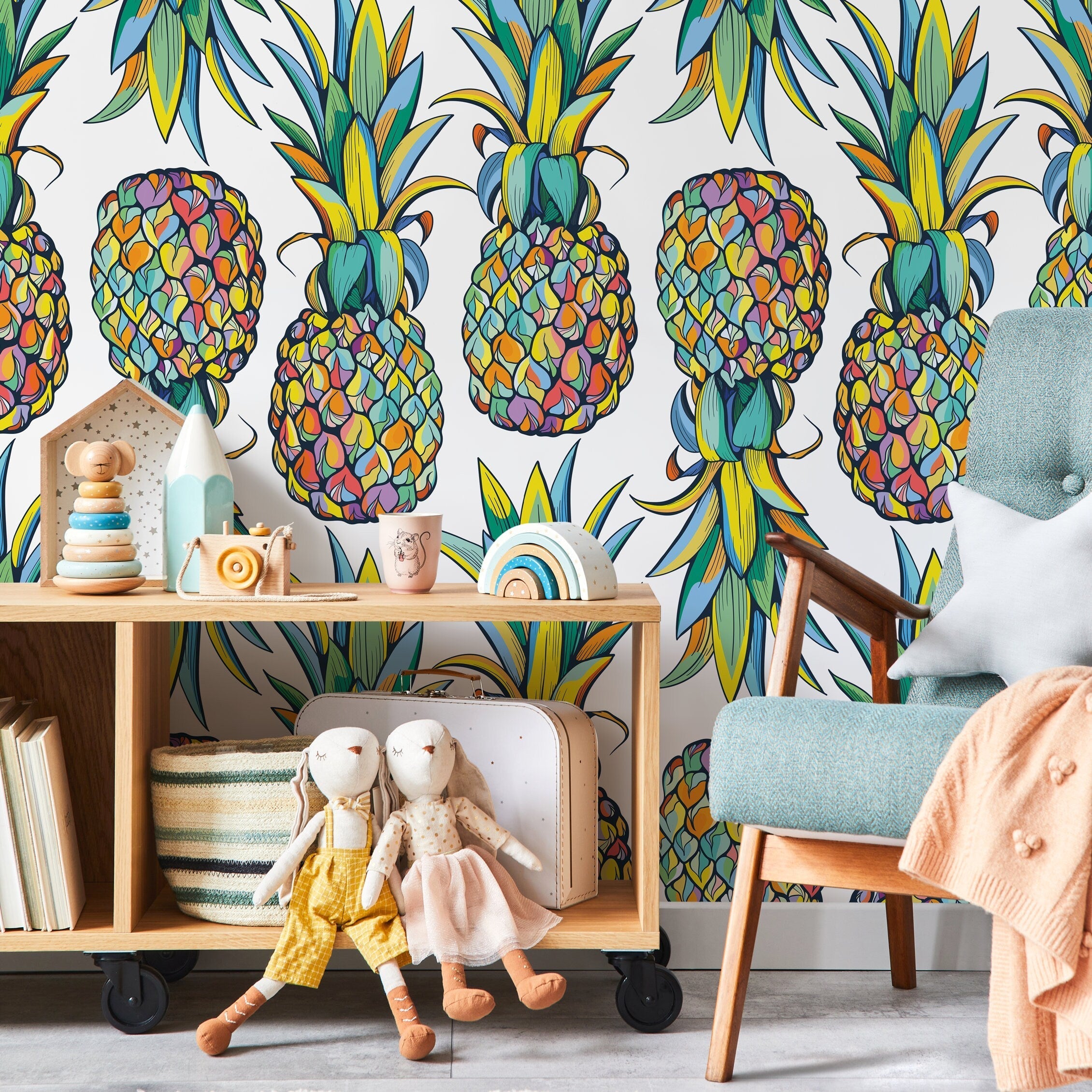 Tropical Wallpaper With Mosaic Style Pineapples In Yellow, Blue, And Green - D989