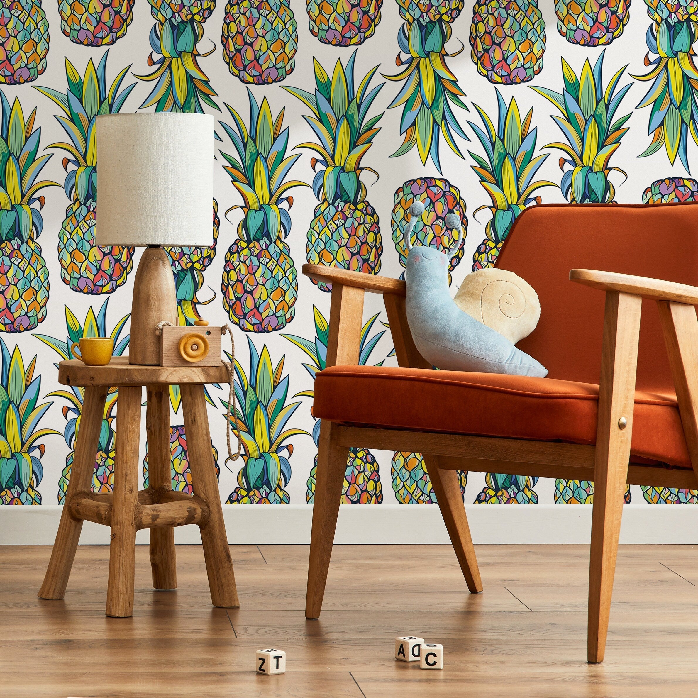 Tropical Wallpaper With Mosaic Style Pineapples In Yellow, Blue, And Green - D989