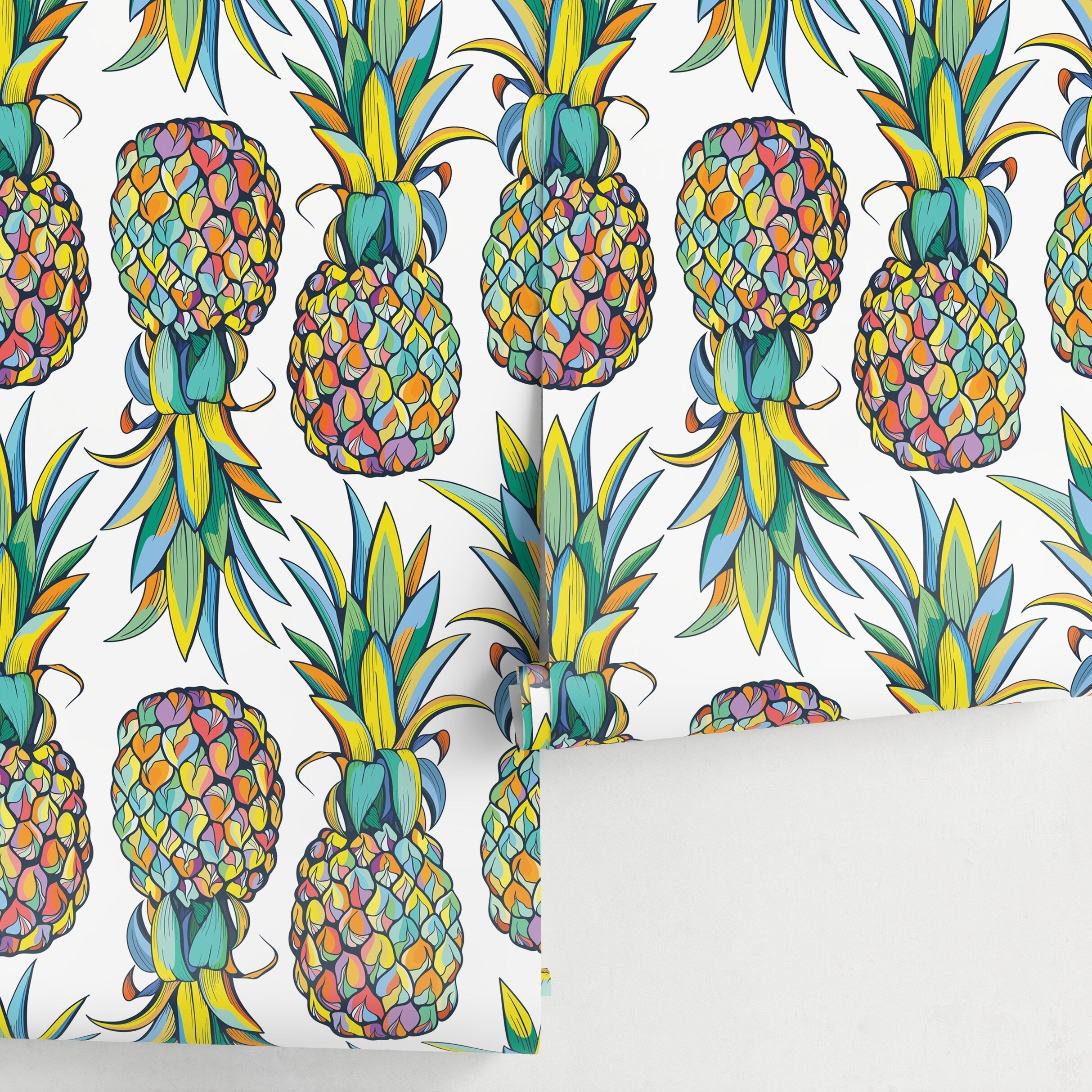 Tropical Wallpaper With Mosaic Style Pineapples In Yellow, Blue, And Green - D989