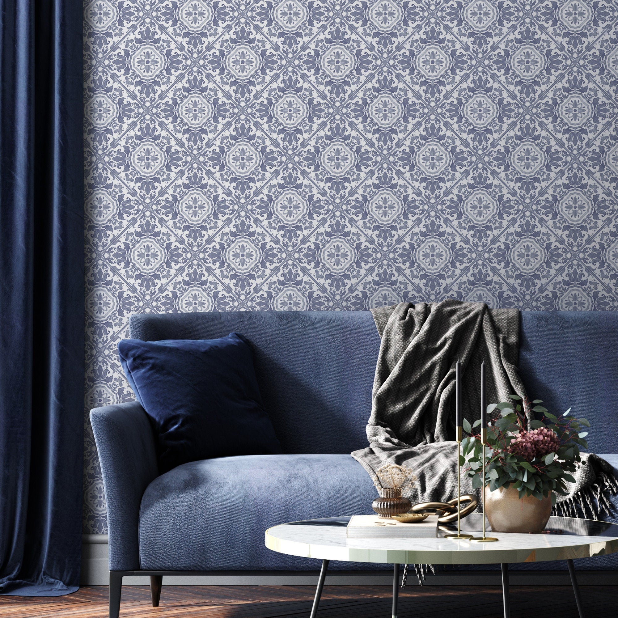 Tile Wallpaper With A Vintage Floral Medallion Motif In Blue And White - A110