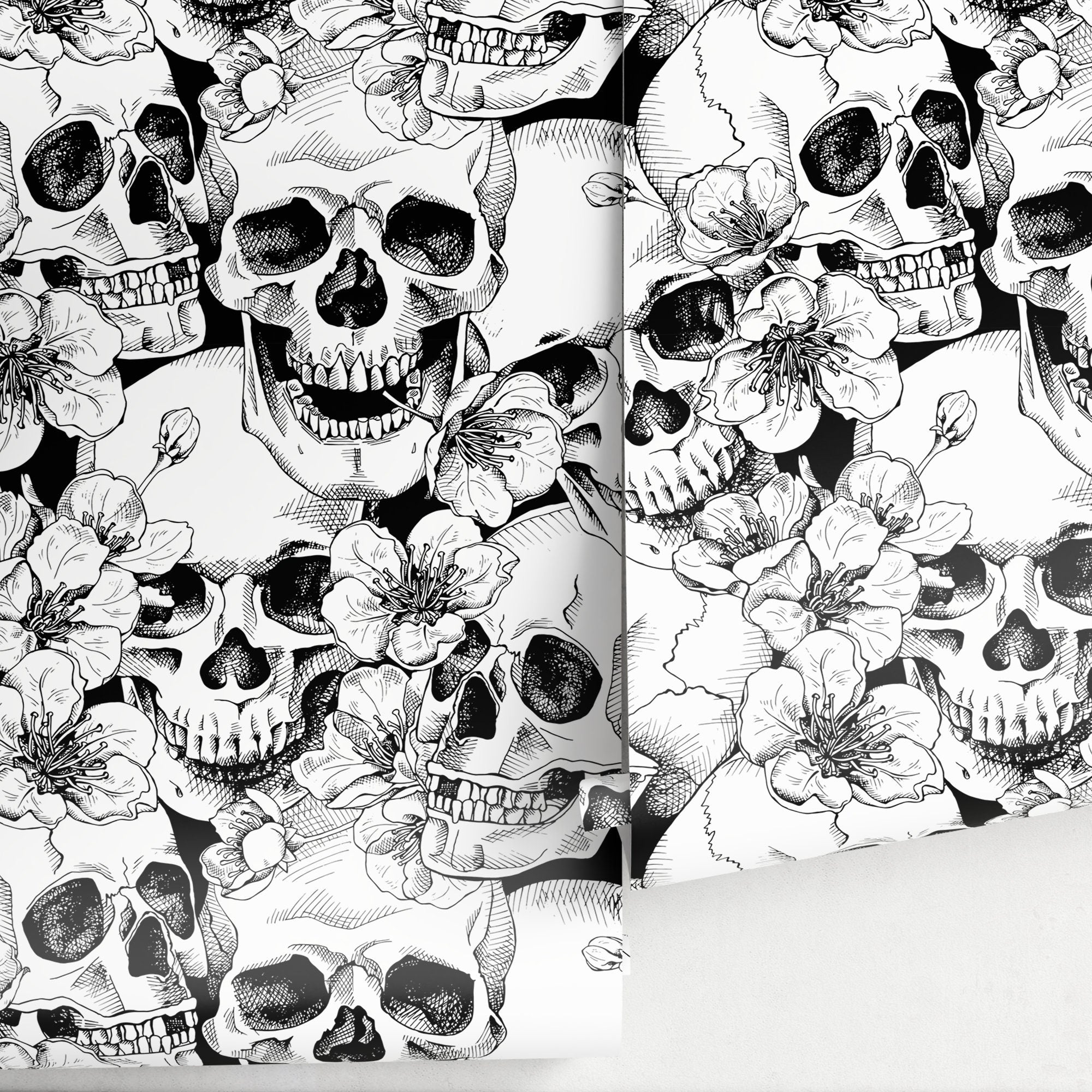 Gothic Wallpaper With Skulls And Blossoms In Black And White - A112