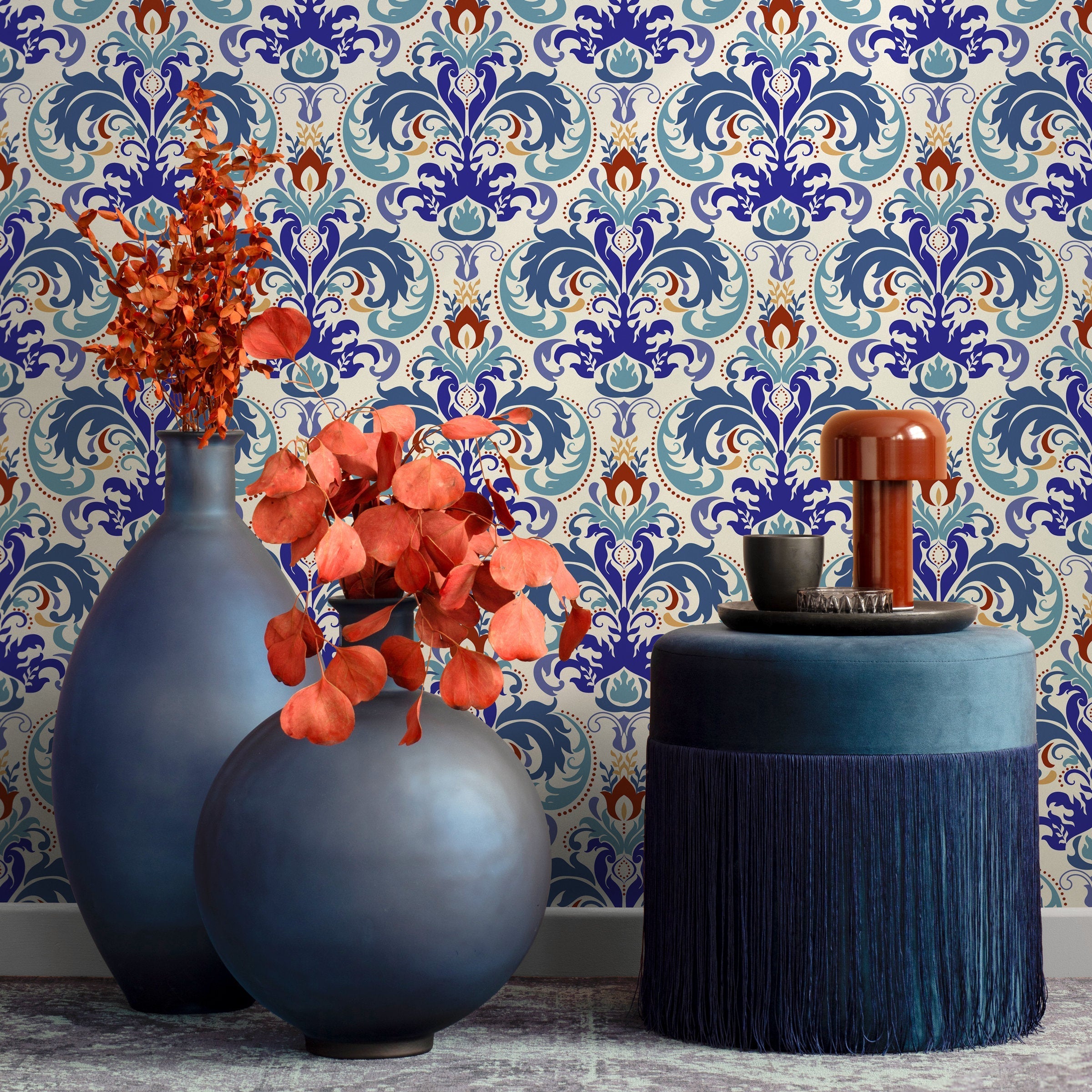 Damask Wallpaper With An Ornate Floral Motif In Blue, Red, And Gold - A119