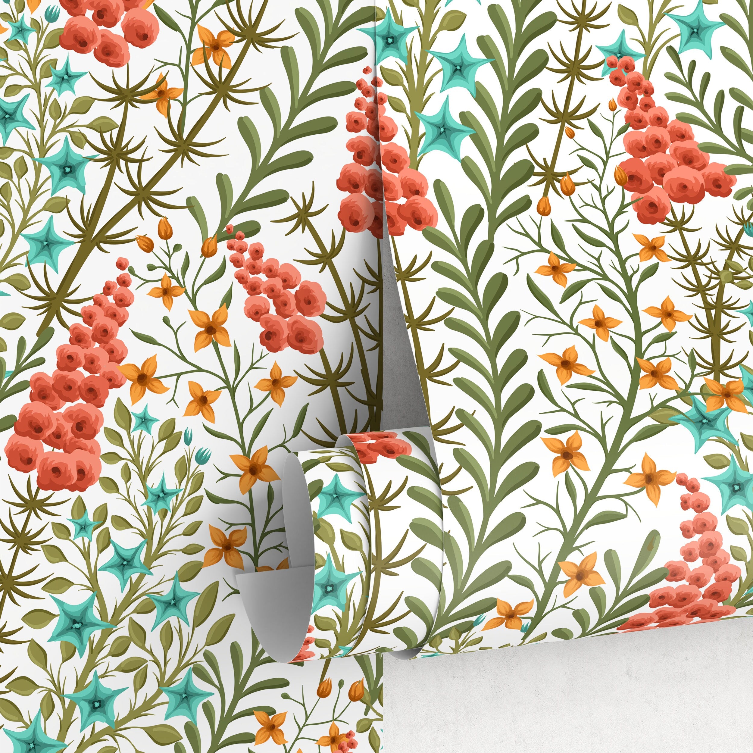 Botanical Wallpaper Featuring Climbing Wildflowers In Red, Green, And Teal - A127