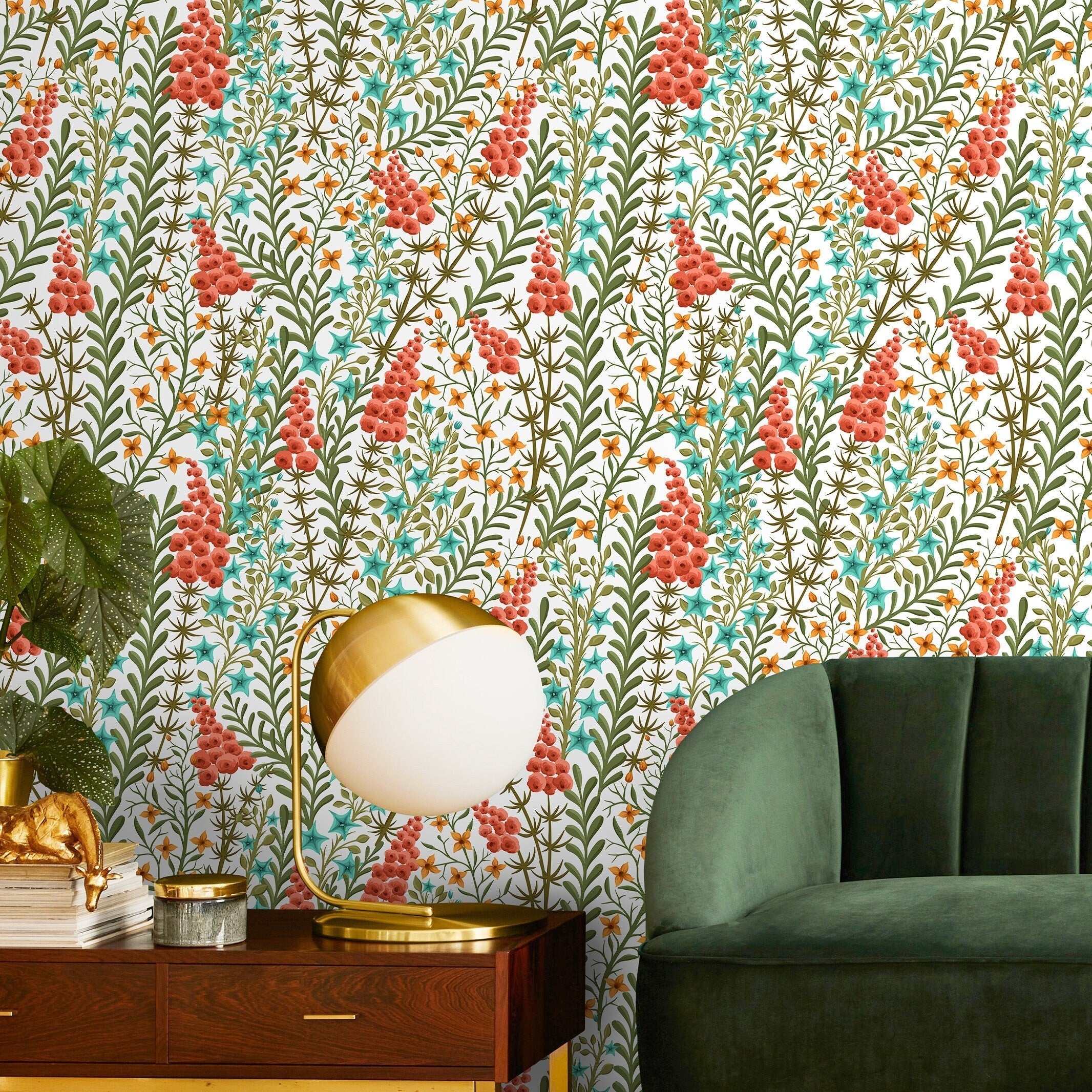 Botanical Wallpaper Featuring Climbing Wildflowers In Red, Green, And Teal - A127