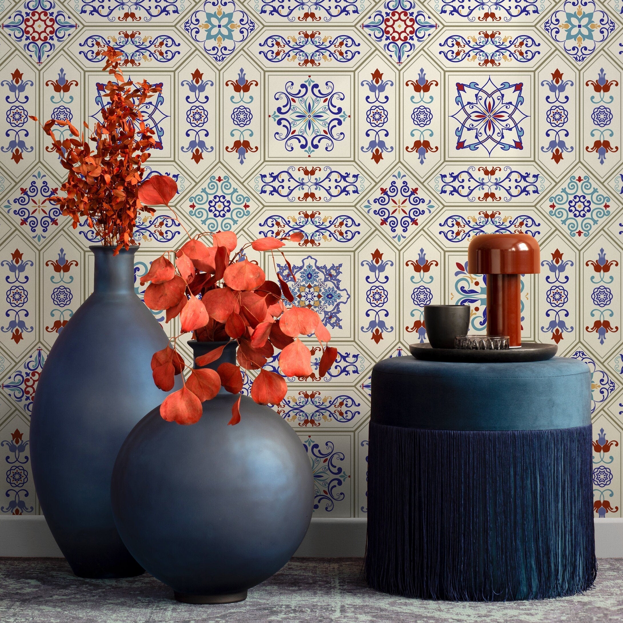 Tile Wallpaper With An Ornate Moroccan Motif In Blue, Red, And Yellow - A128