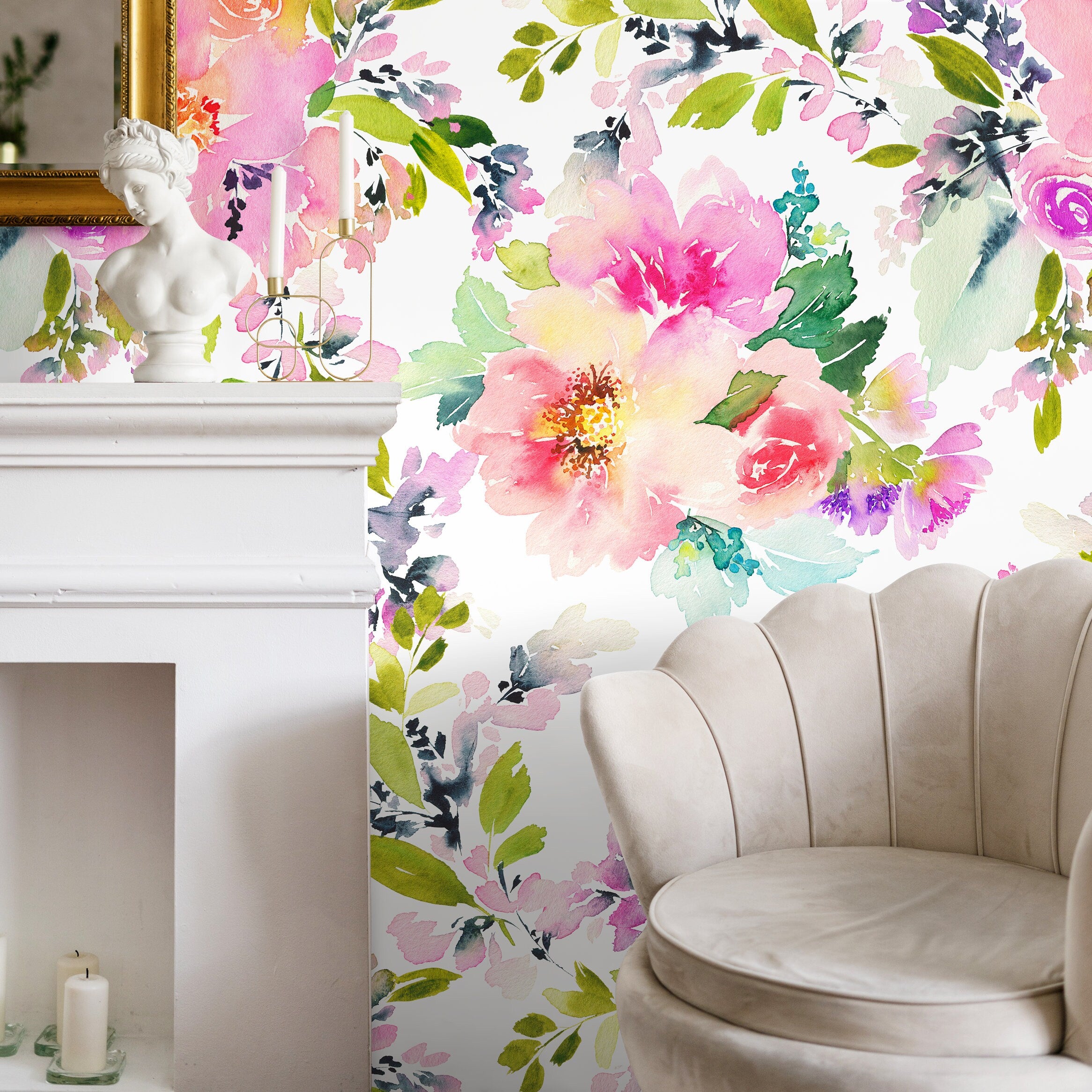 Floral Wallpaper With Loose Watercolor Blooms In Pink, Purple, And Green - A130