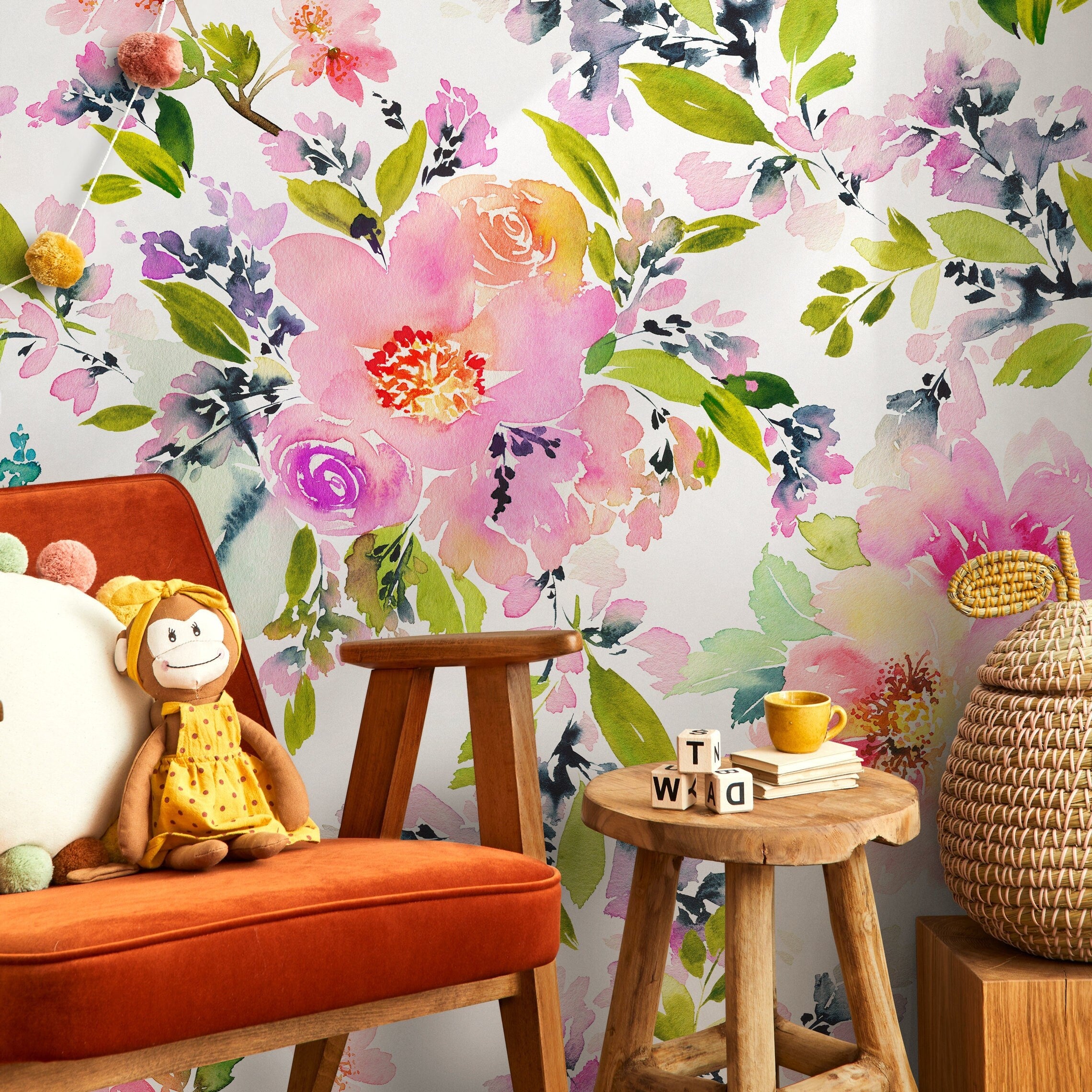 Floral Wallpaper With Loose Watercolor Blooms In Pink, Purple, And Green - A130