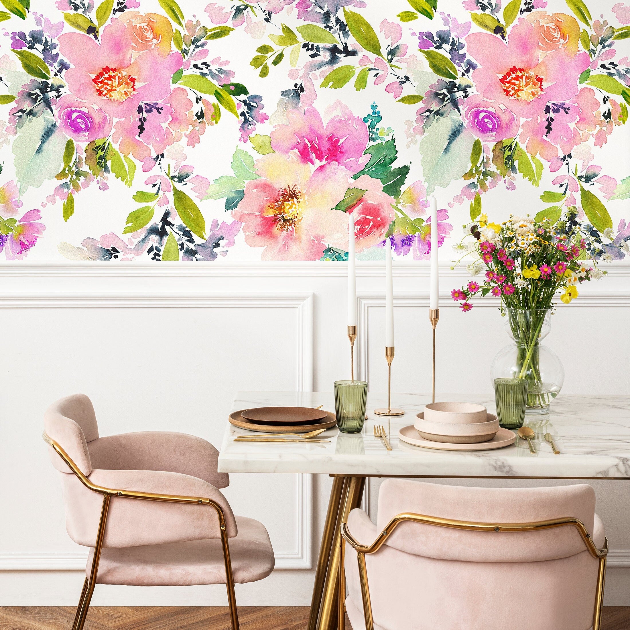 Floral Wallpaper With Loose Watercolor Blooms In Pink, Purple, And Green - A130