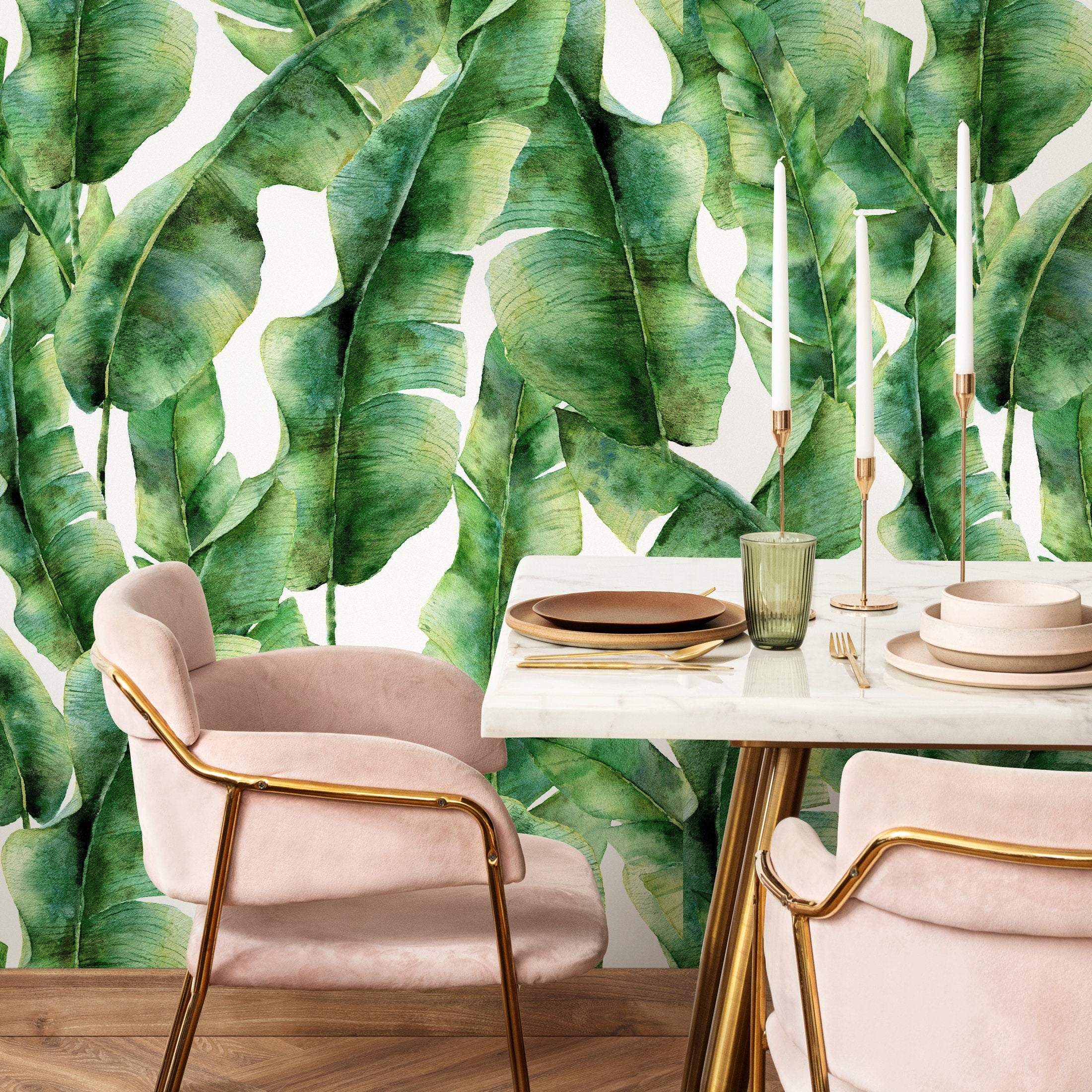 Botanical Wallpaper With Watercolor Banana Leaves In Green And Yellow - A132