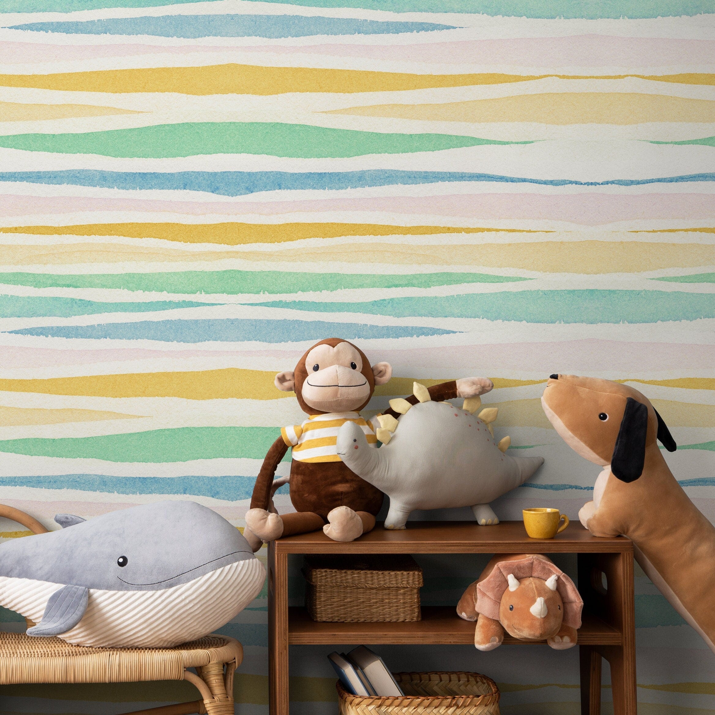 Watercolor Wallpaper With Wavy Stripes In Blue, Green, And Yellow - A133